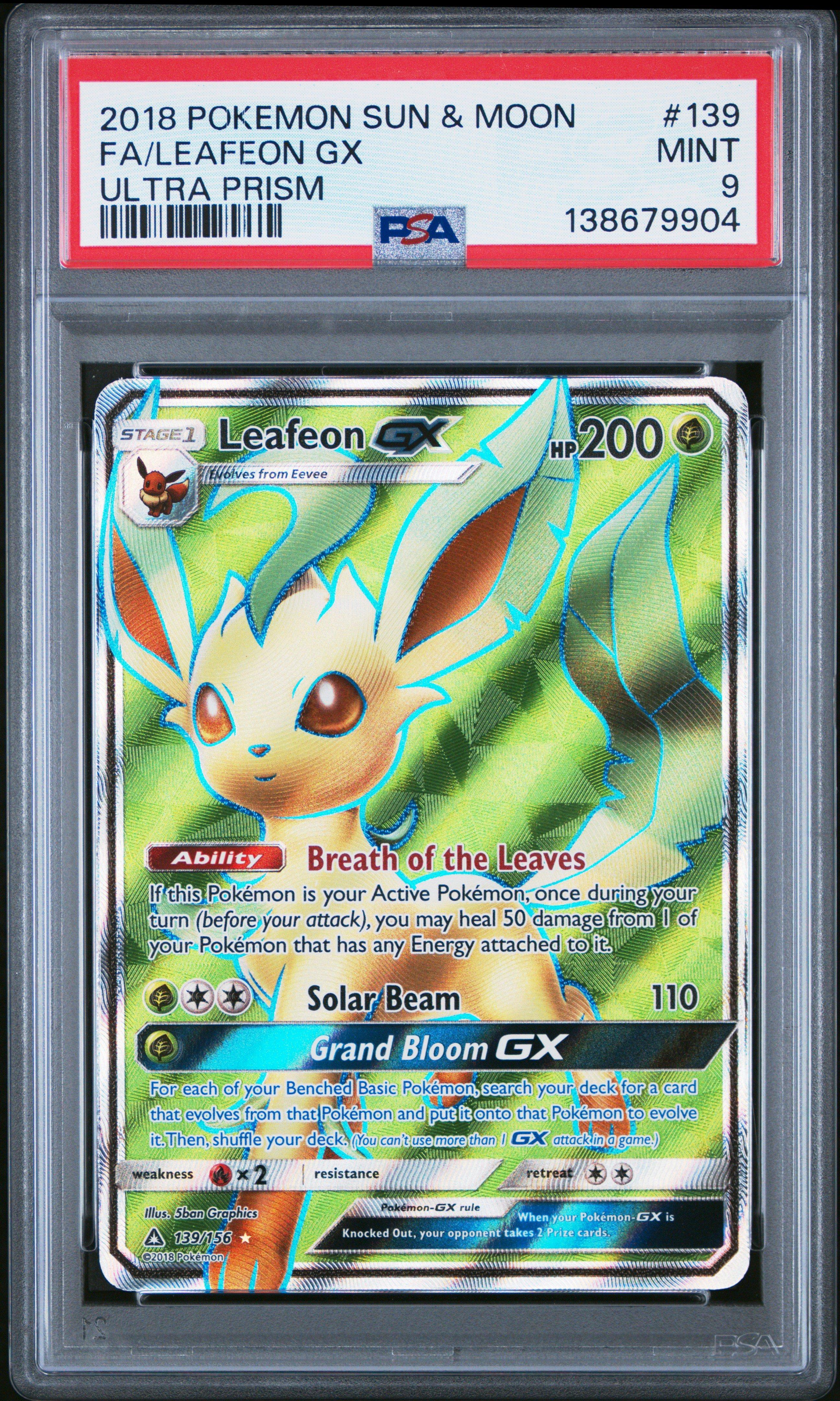2018 Pokemon Sun & Moon Ultra Prism 139 Full Art/leafeon Gx PSA 9