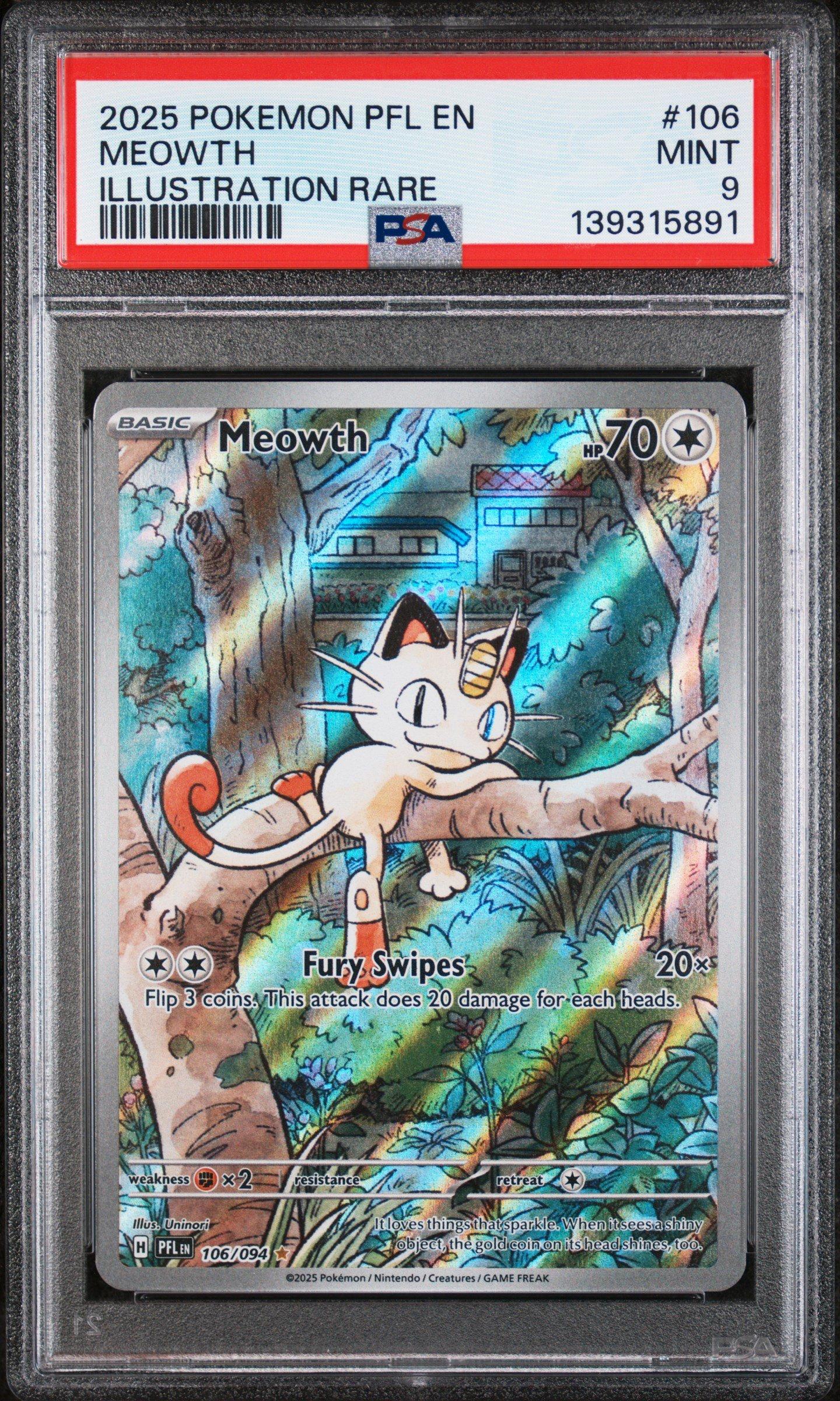 2025 Pokemon Pfl En-phantasmal Flames 106 Meowth Illustration Rare PSA