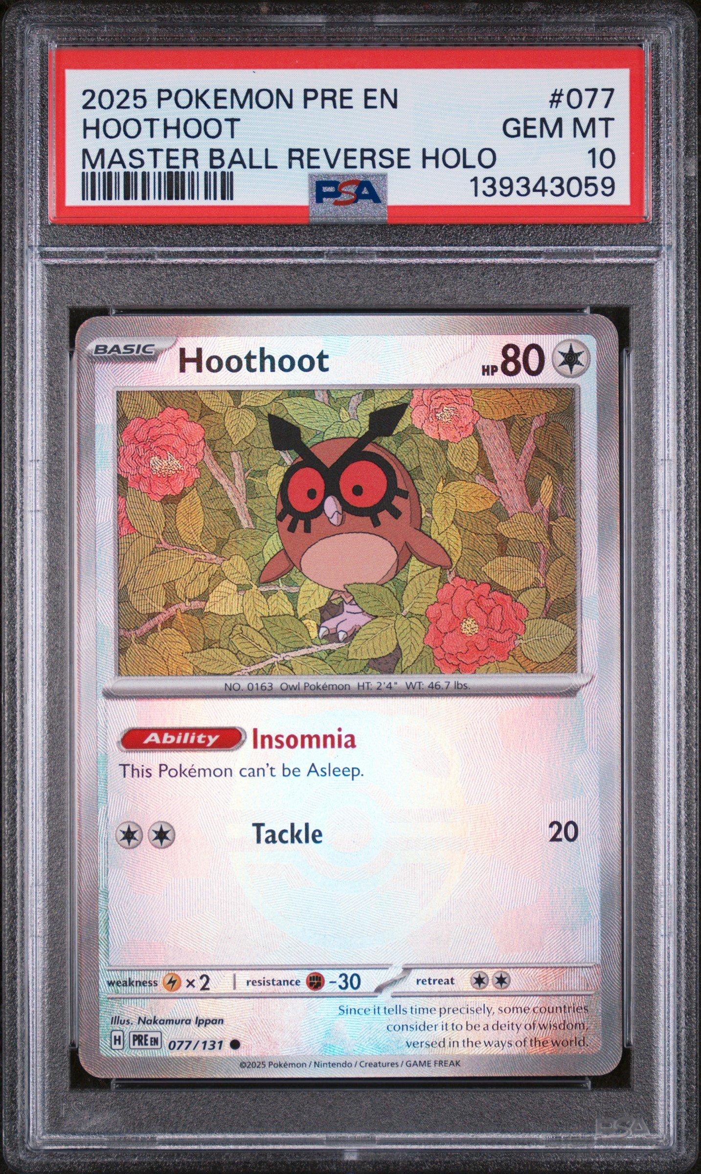 2025 Pokemon Pre En-prismatic Evolutions 077 Hoothoot Master Ball Reverse Holo PSA 10