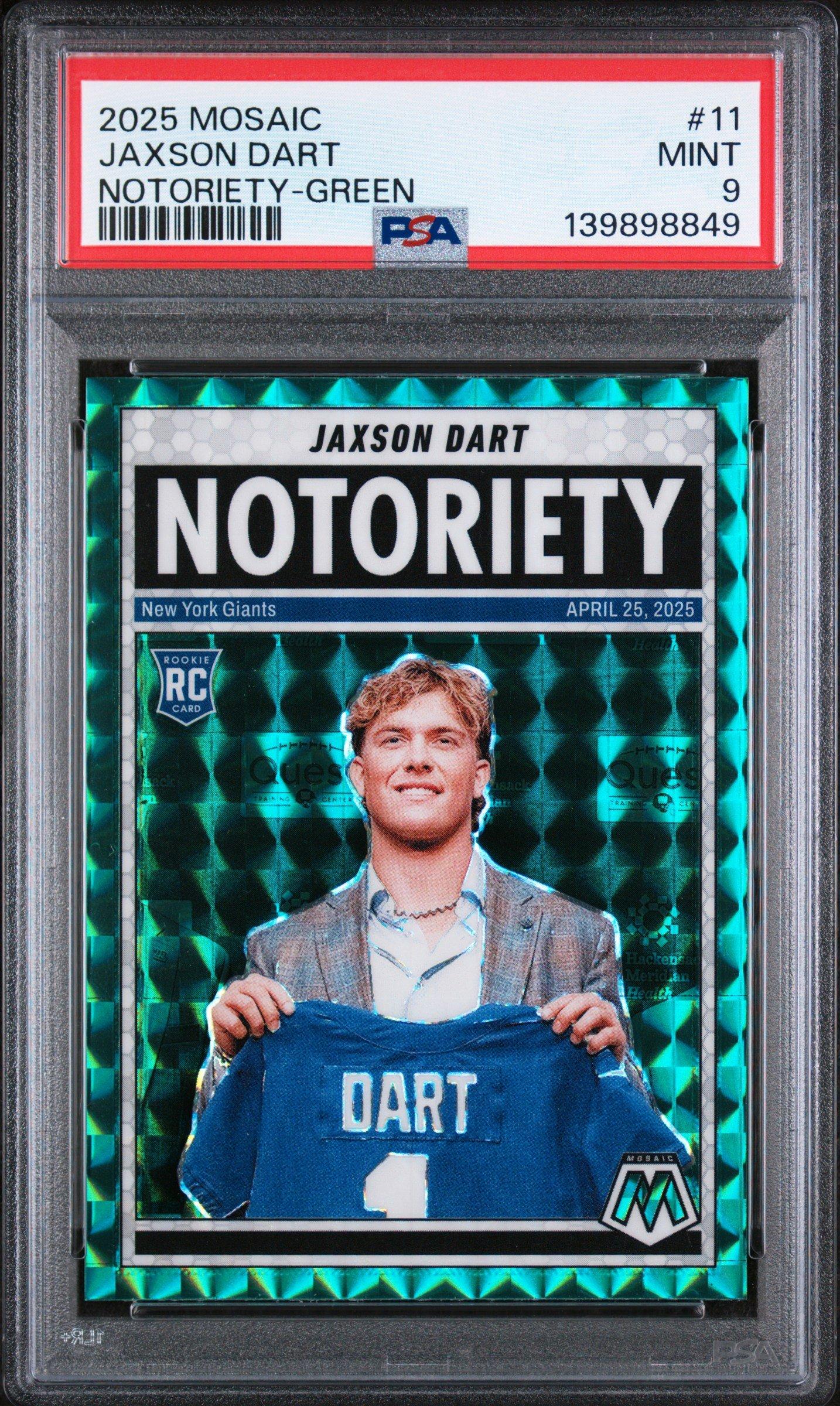 2025 Panini Mosaic Notoriety 11 Jaxson Dart Green PSA 9 Graded