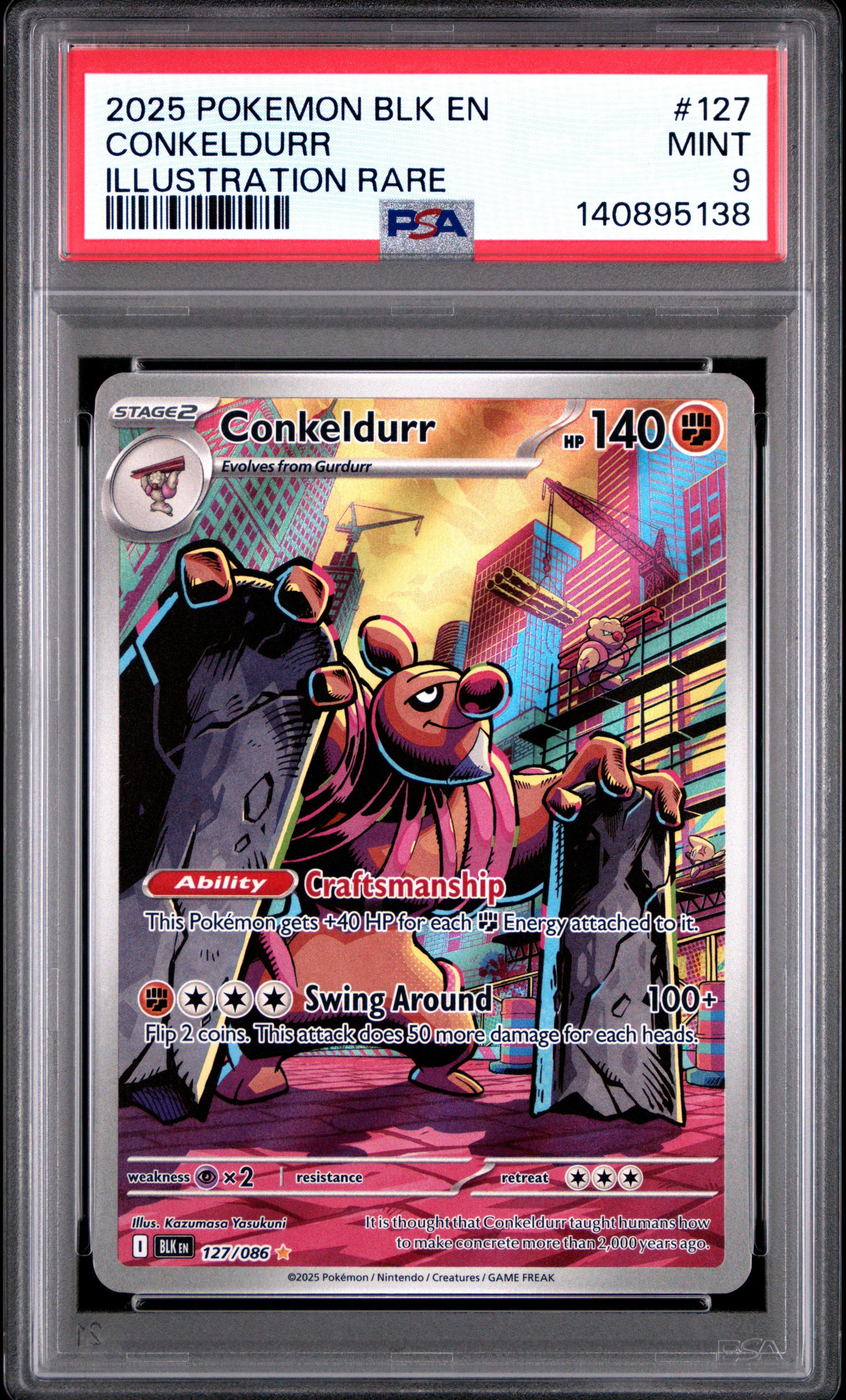 2025 Pokemon Blk En-black Bolt 127 Conkeldurr Illustration Rare PSA 9