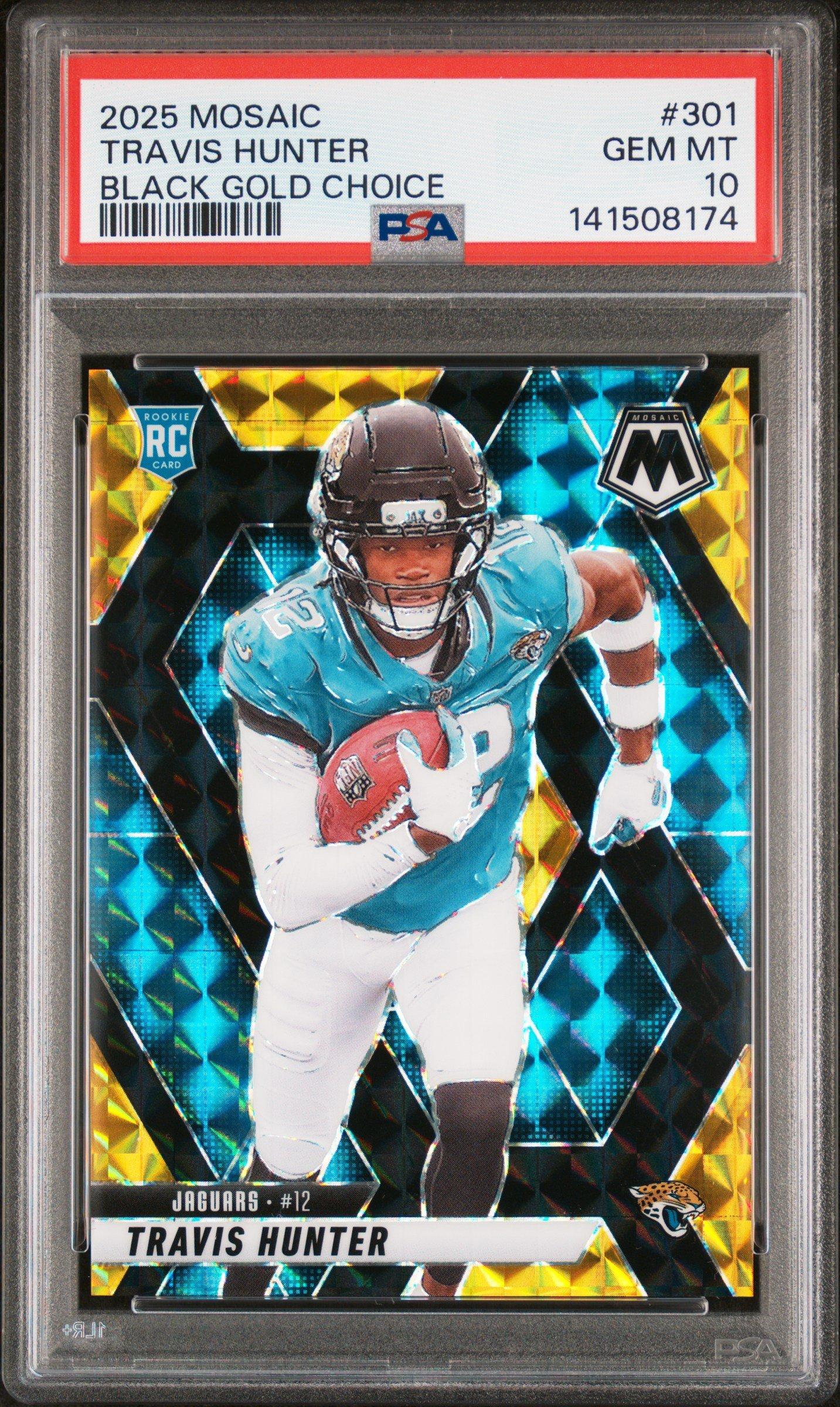 合馬トレカ 2025 Panini Mosaic 301 Travis Hunter Black Gold Choice PSA 10