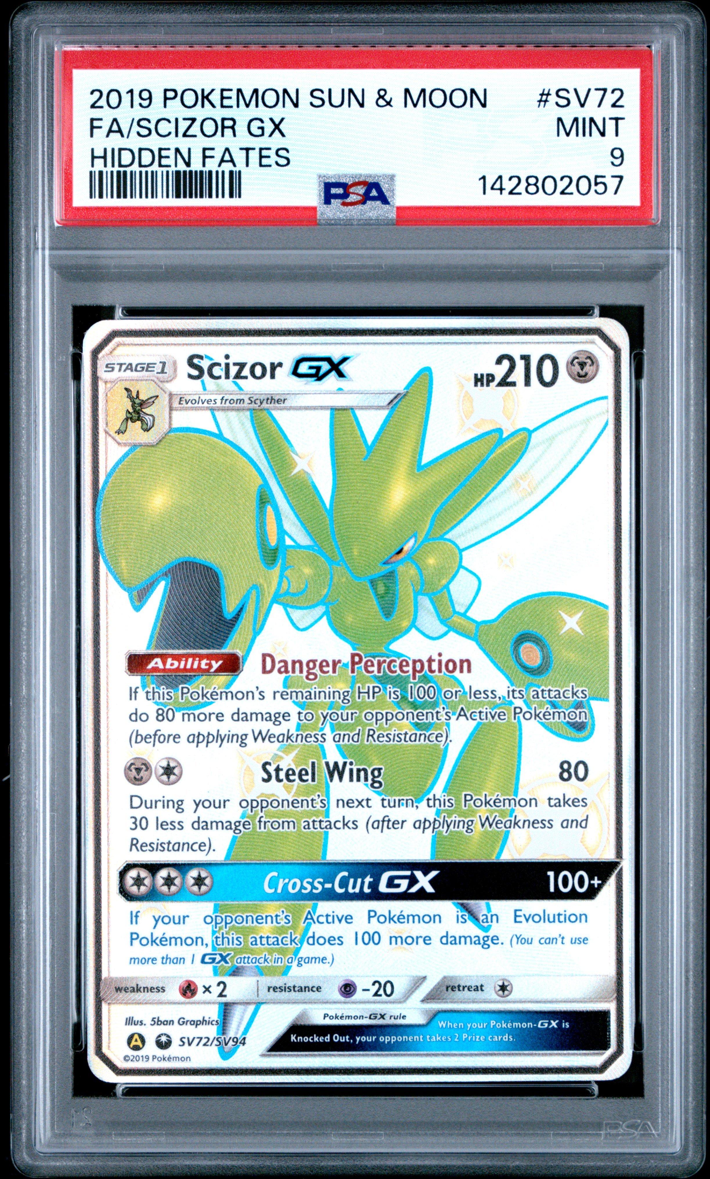 2019 Pokemon Sun & Moon Hidden Fates Sv72 Full Art/scizor Gx PSA 9