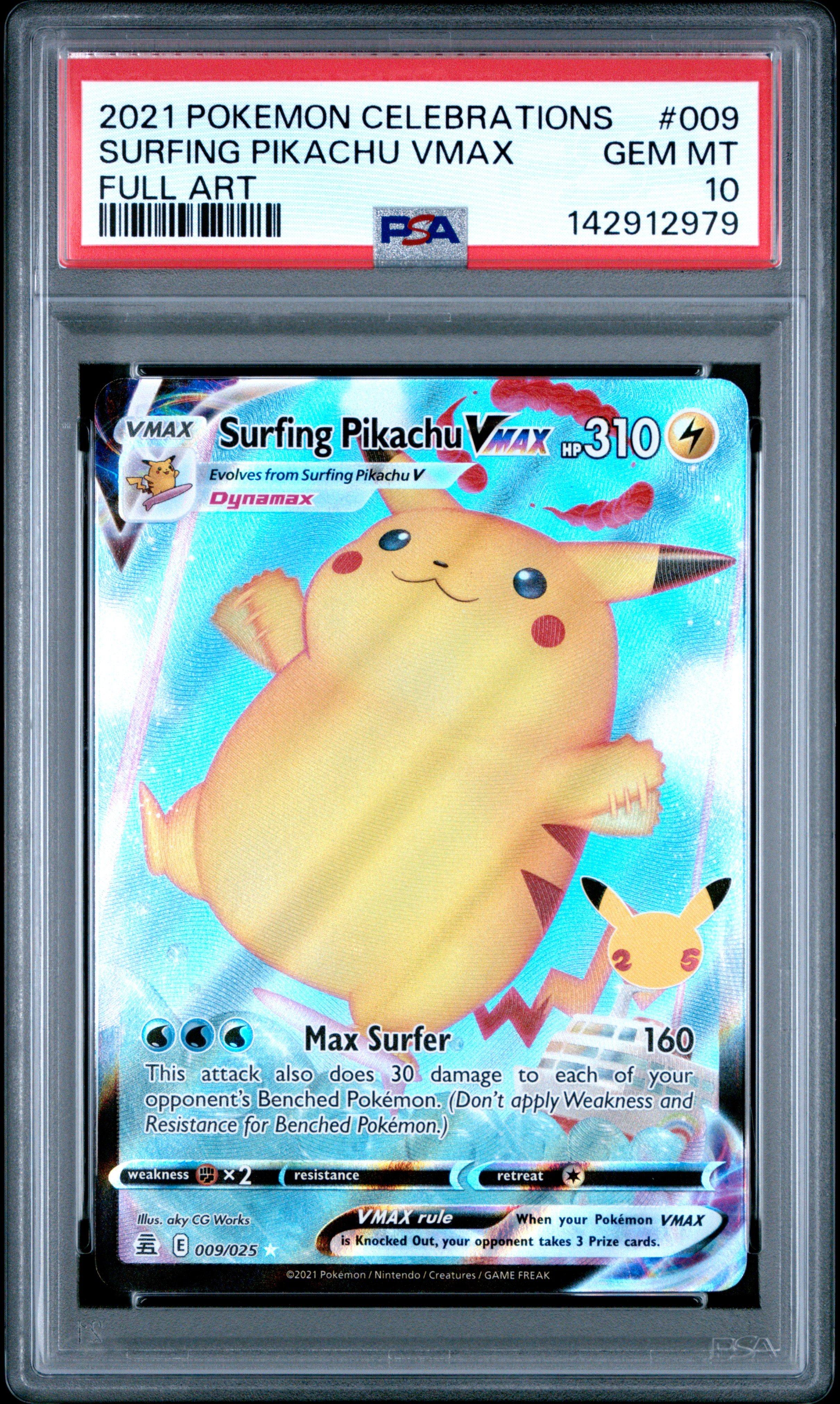 2021 Pokemon Celebrations 009 Full Art/surfing Pikachu Vmax PSA 10