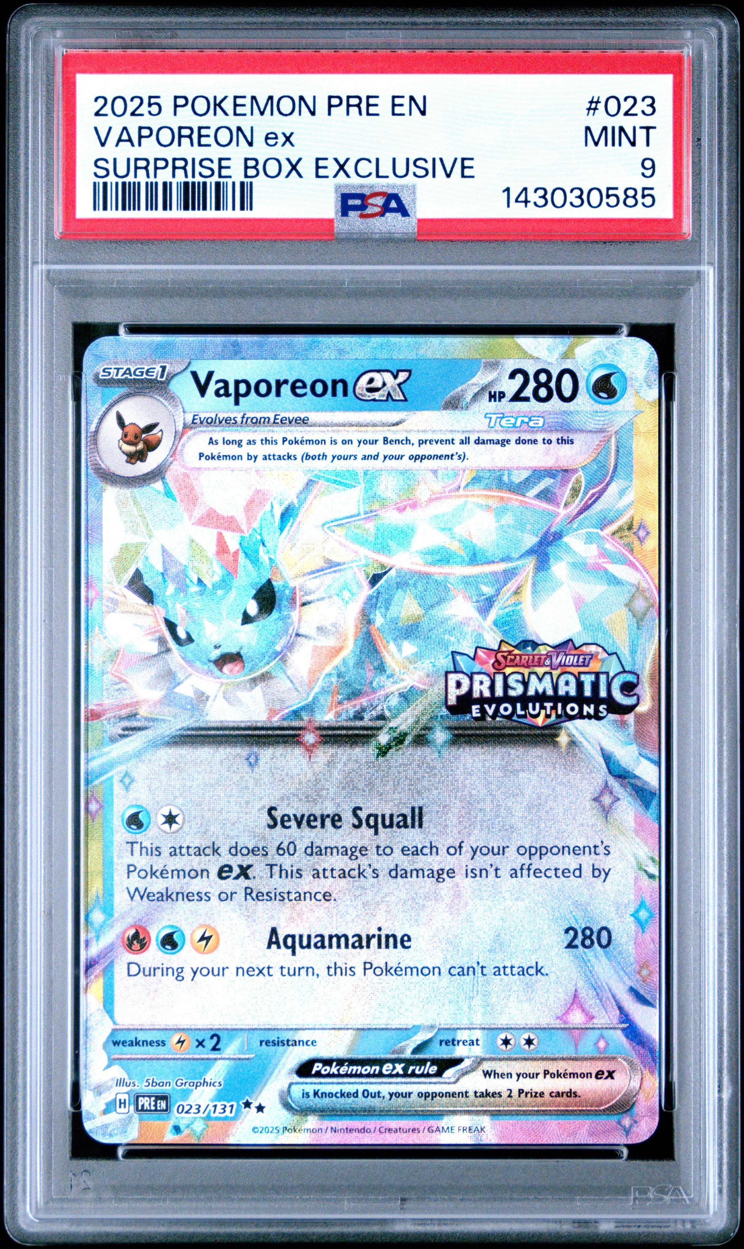 2025 Pokemon Pre En-prismatic Evolutions 023 Vaporeon Ex Surprise Box  Exclusive PSA 9 Graded Card | GameStop
