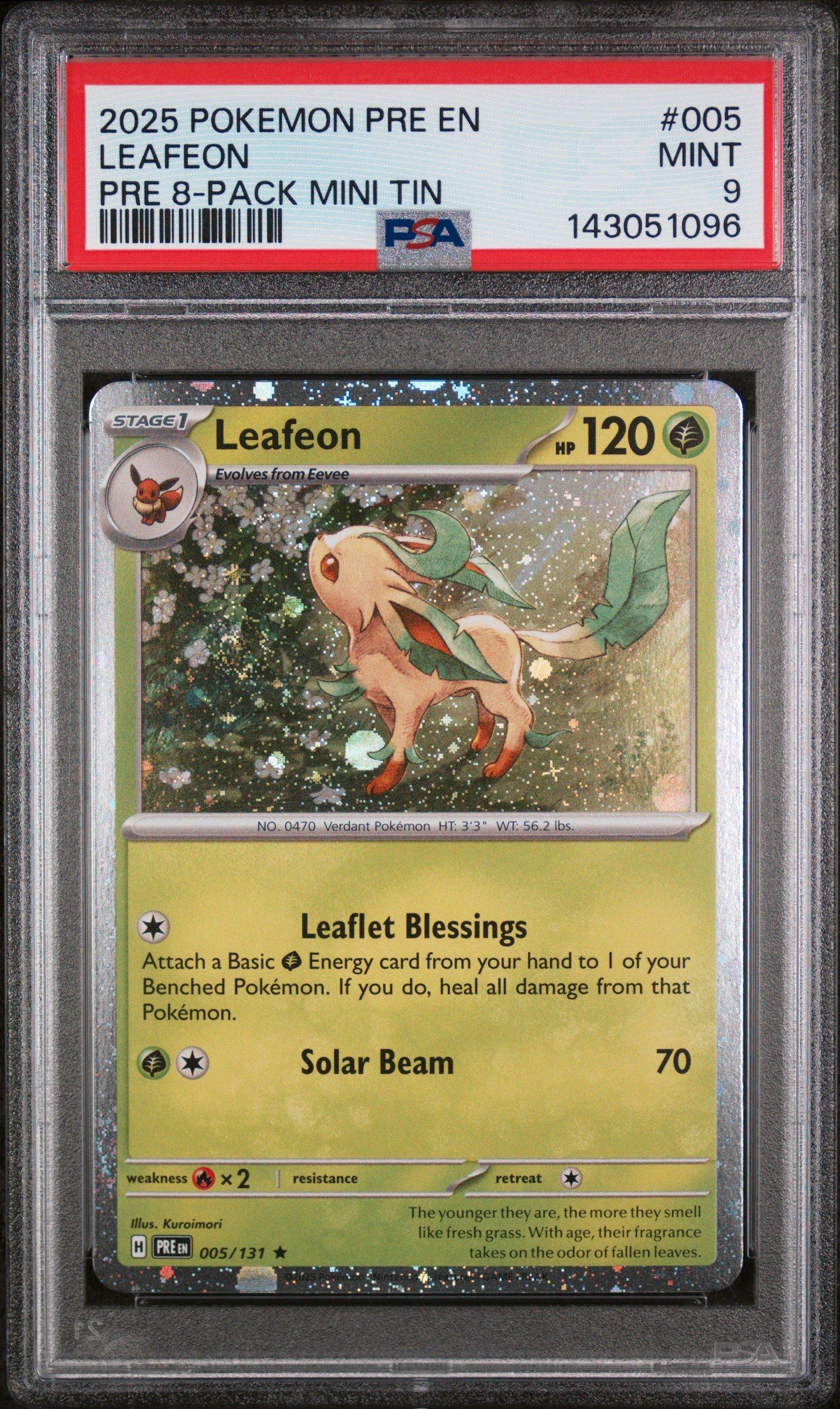 2025 Pokemon Pre En-prismatic Evolutions 005 Leafeon Prismatic Evolutions 8-pack Mini Tin PSA 9