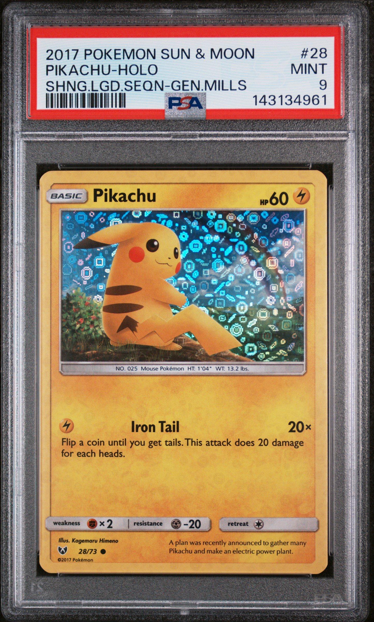 2017 Pokemon Sun & Moon Shining Legends 28 Pikachu-holo Sequin-general Mills Mini Packs PSA 9