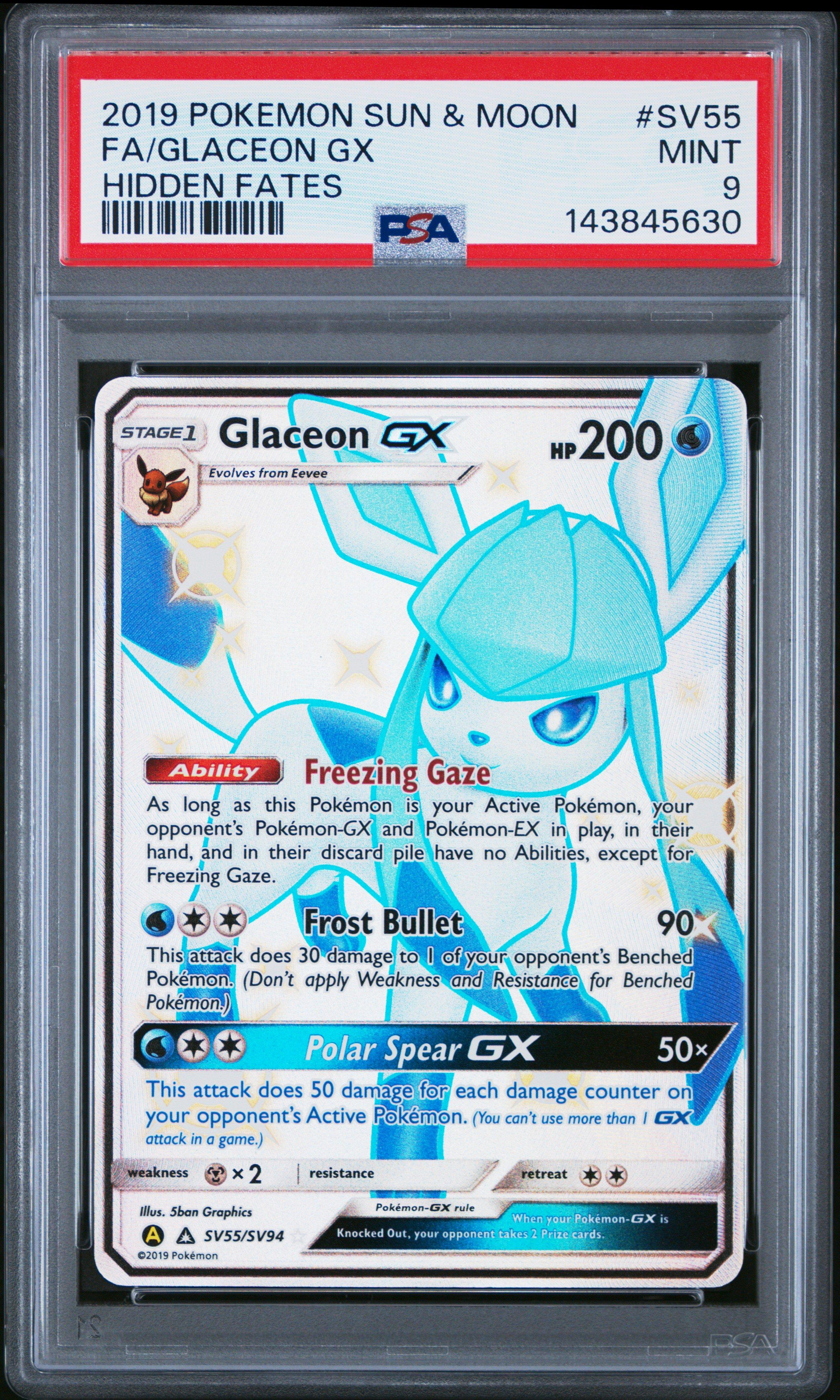 2019 Pokemon Sun & Moon Hidden Fates Sv55 Full Art/glaceon Gx PSA