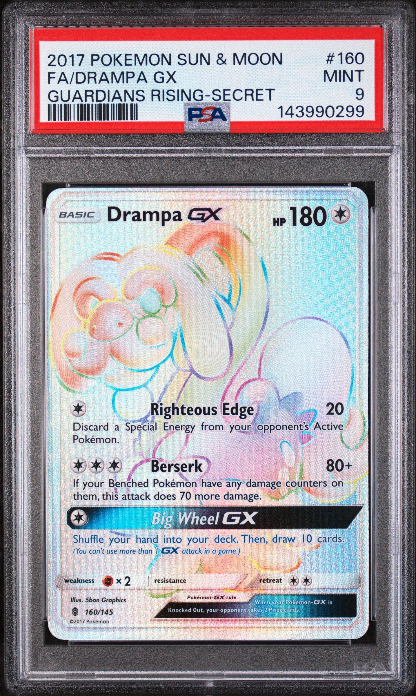 2017 Pokemon Sun & Moon Guardians Rising 160 Full Art/drampa Gx Secret PSA 9