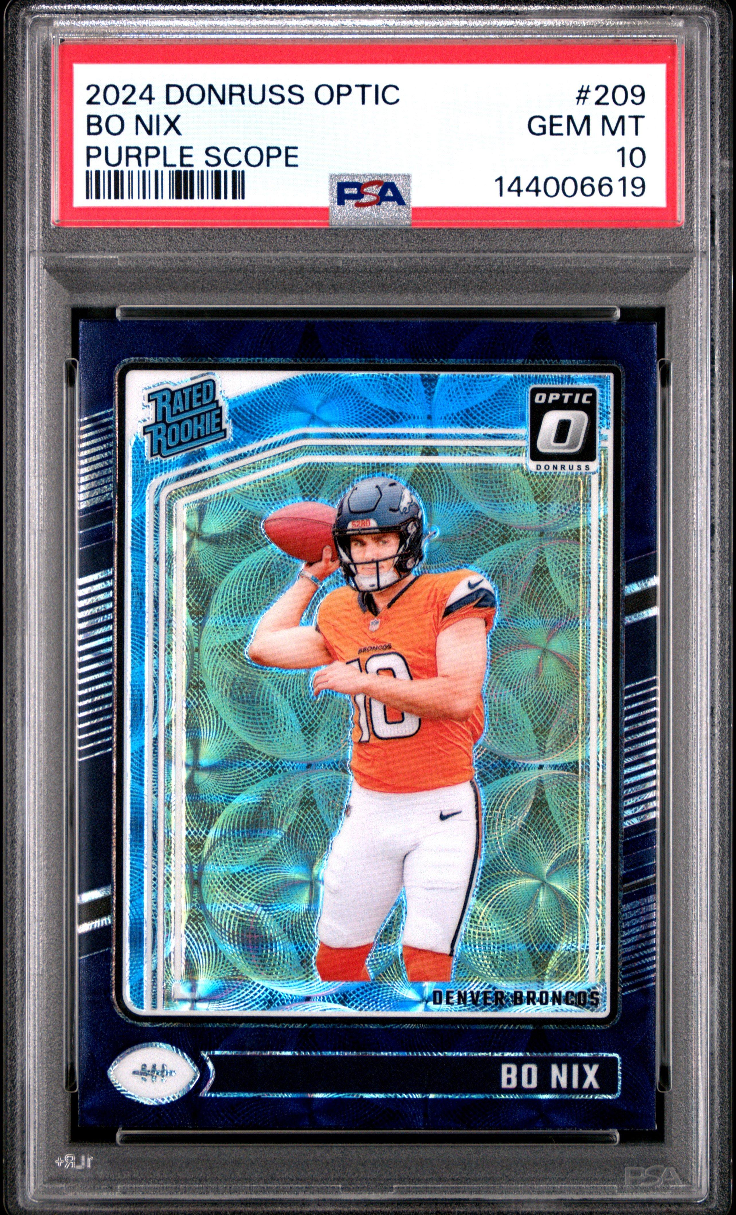 2024 Panini Donruss Optic 209 Bo Nix Purple Scope PSA 10 Graded
