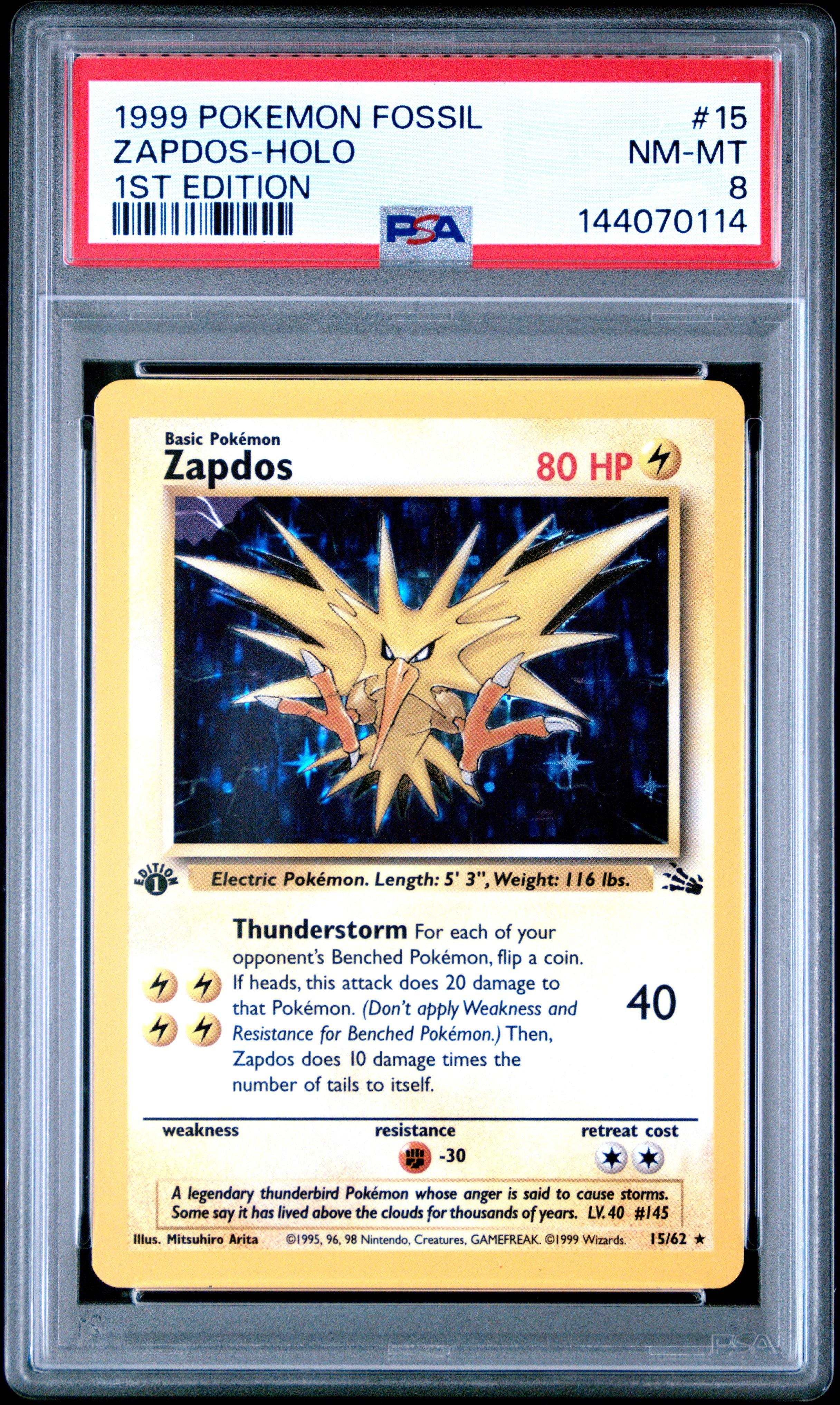 1999 Pokemon Fossil 15 Zapdos-holo 1st Edition PSA 8 Graded Card