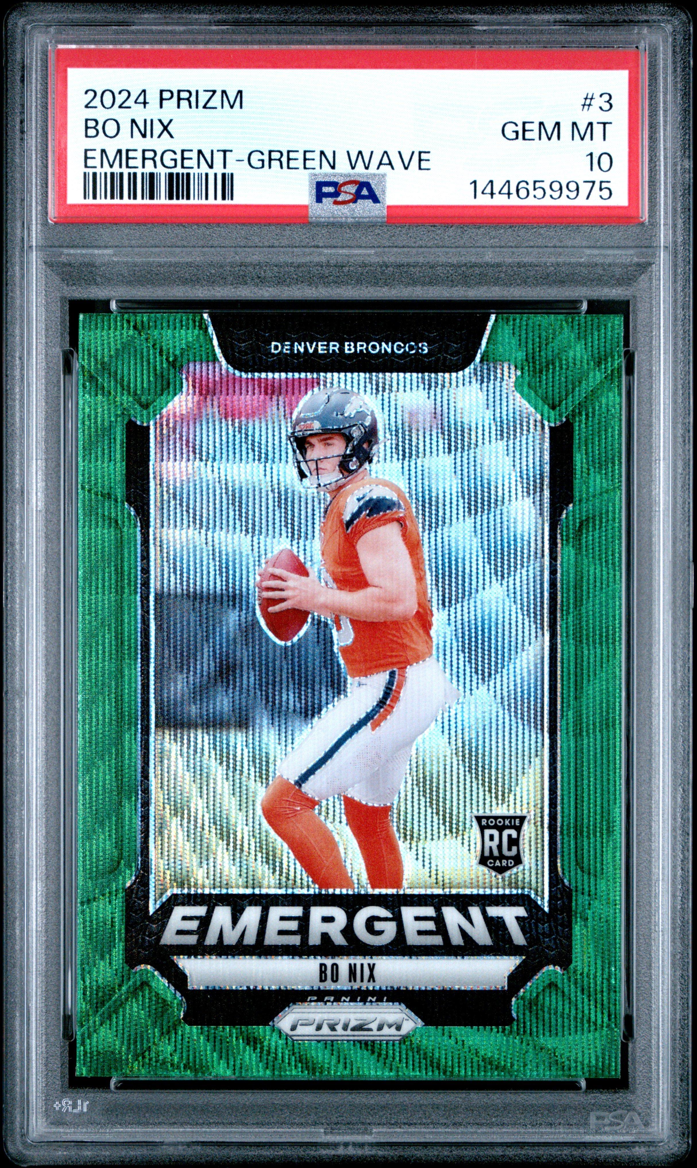 2024 Panini Prizm Emergent 3 Bo Nix Green Wave PSA 10 Graded Card
