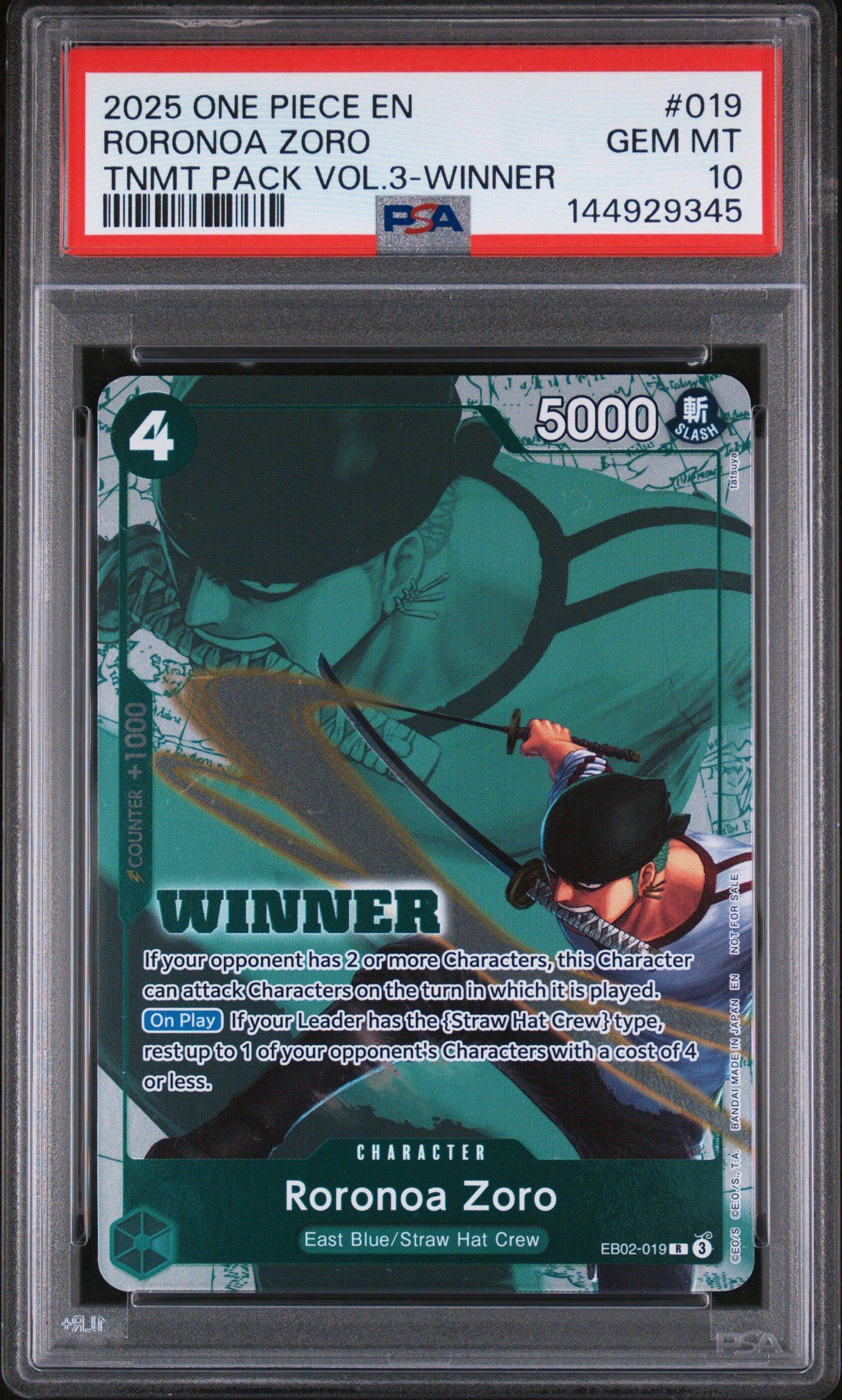 2025 One Piece Tournament Pack Vol.3 019 Roronoa Zoro Winner PSA