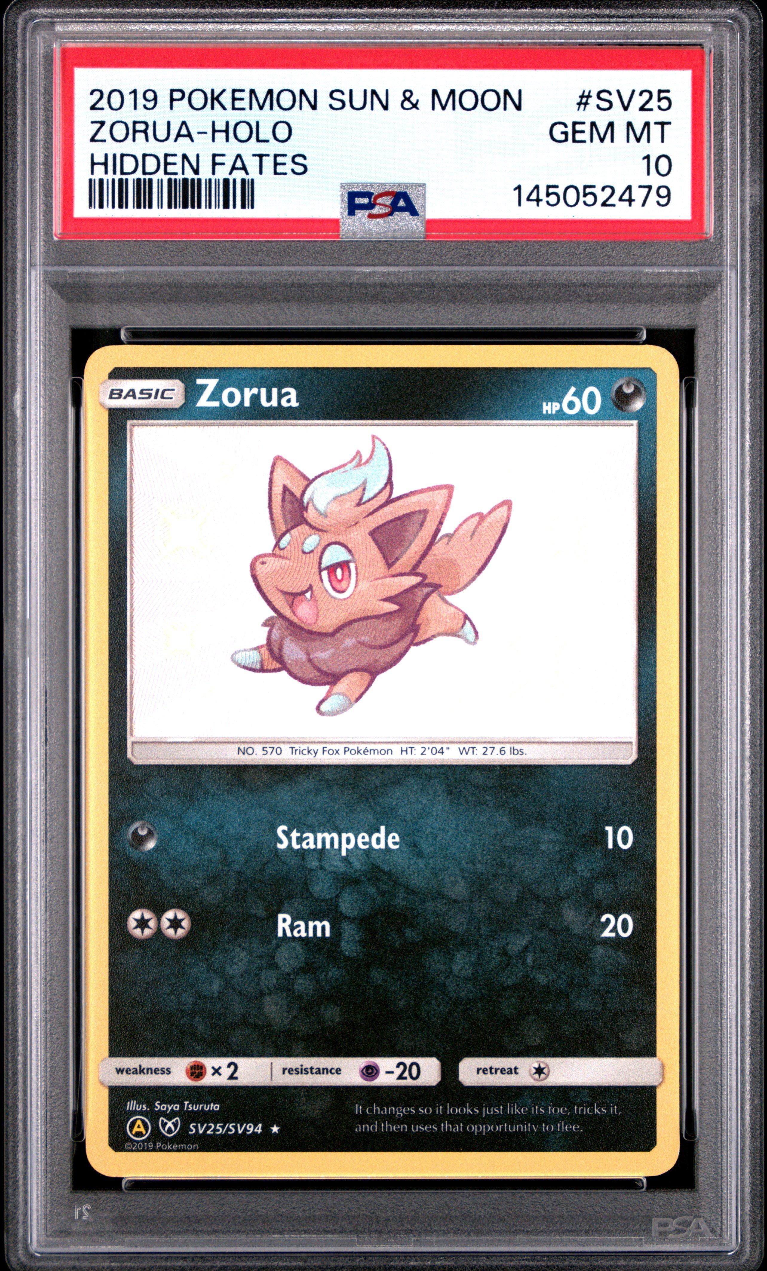 2019 Pokemon Sun & Moon Hidden Fates Sv25 Zorua-holo PSA 10 Graded