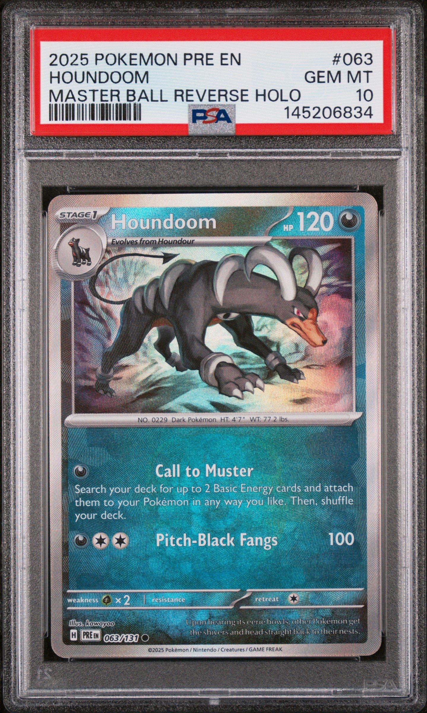 2025 Pokemon Pre En-prismatic Evolutions 063 Houndoom Master Ball Reverse Holo PSA 10