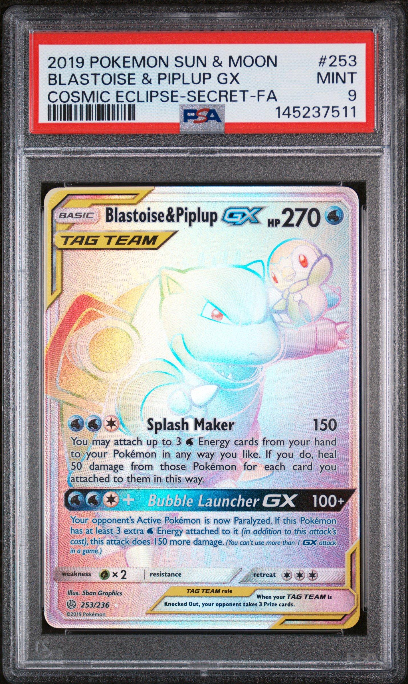 2019 Pokemon Sun & Moon Cosmic Eclipse 253 Full Art/blastoise & Piplup Gx Secret PSA 9
