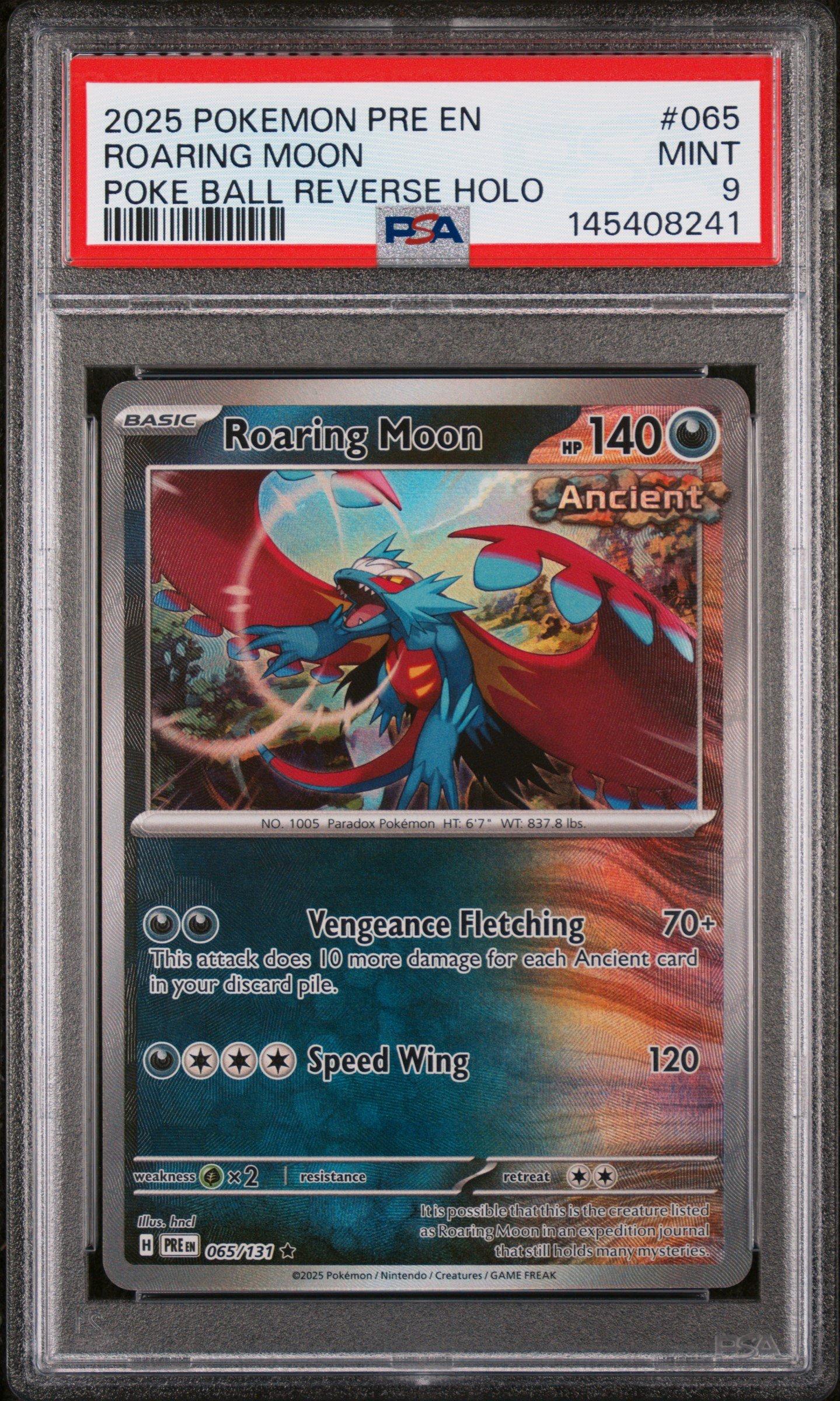 2025 Pokemon Pre En-prismatic Evolutions 065 Roaring Moon Poke Ball Reverse Holo PSA 9