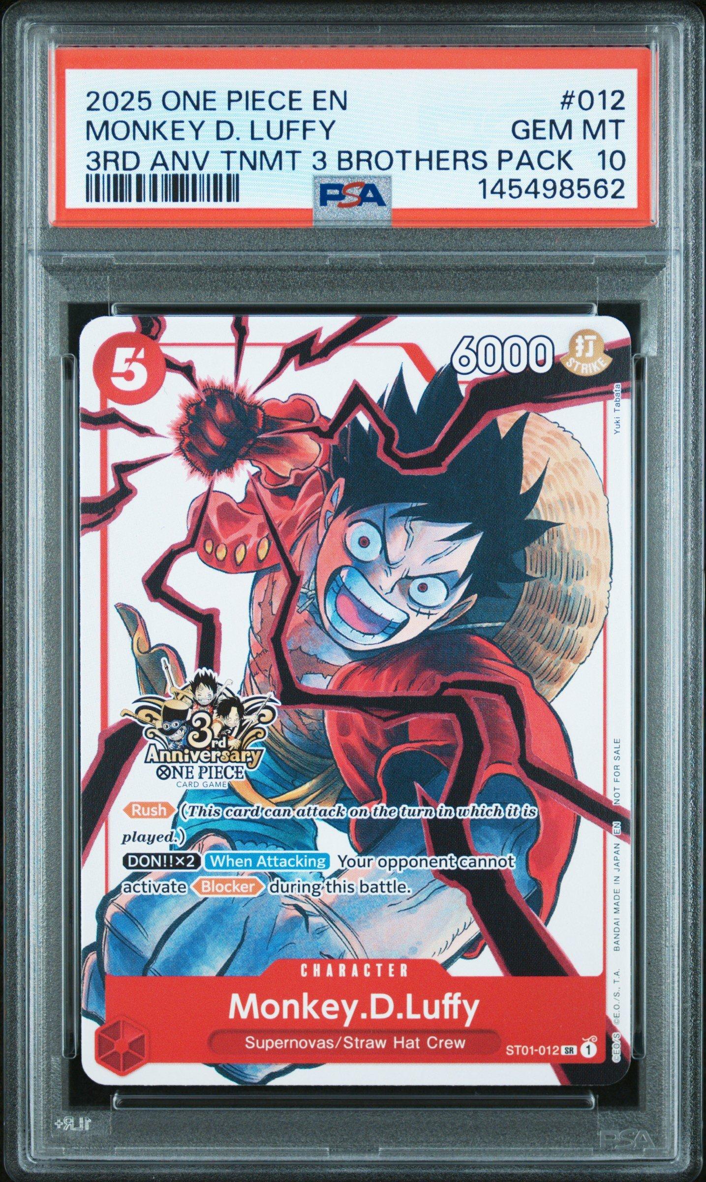 2025 One Piece 3rd Anniversary Tournament 3 Brothers Pack 012 Monkey D. Luffy PSA 10