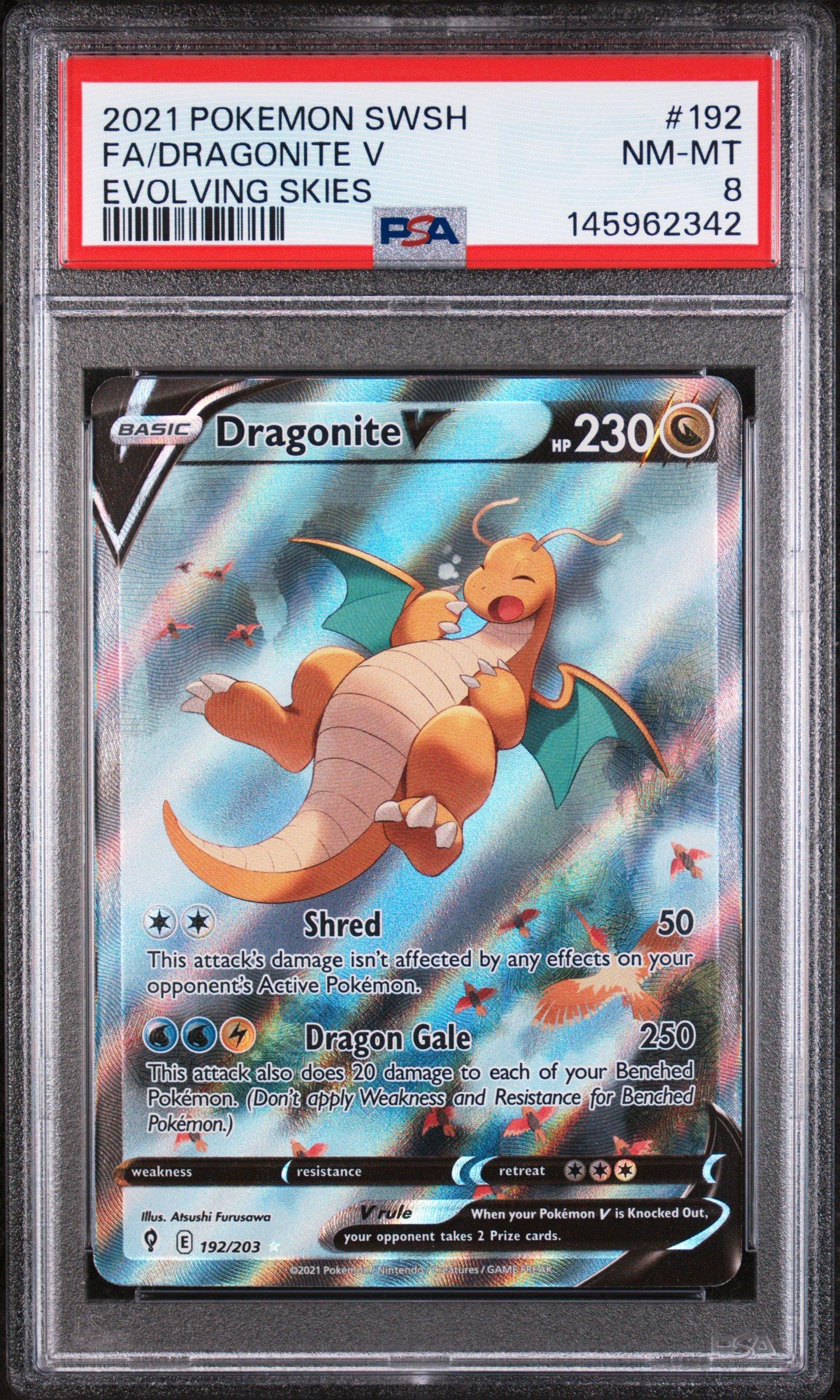dragonite pokemon card gamestop 2021 Pokemon Sword & Shield Evolving Skies 192 Full Art/dragonite V PSA 8  Graded Card