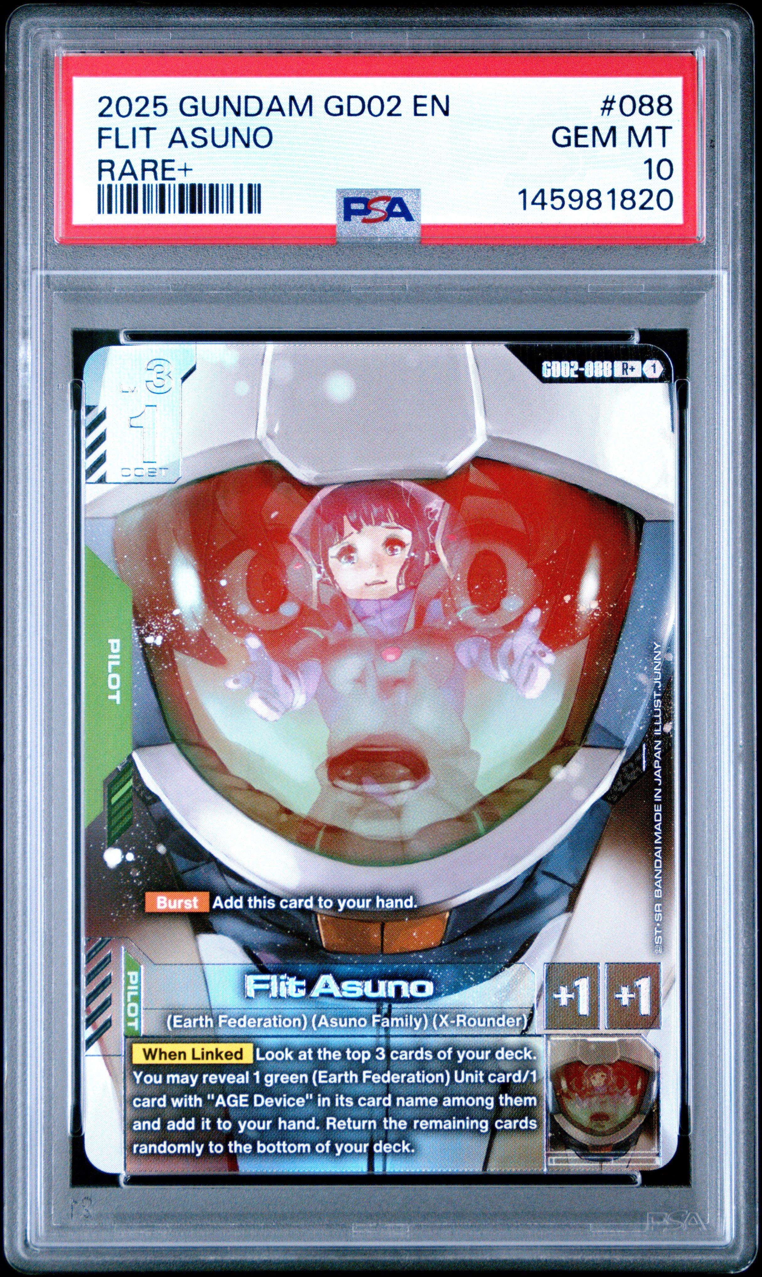 融合 PSA7 2025 Gundam Dual Impact 088 Flit Asuno Rare+ PSA 10 Graded Card