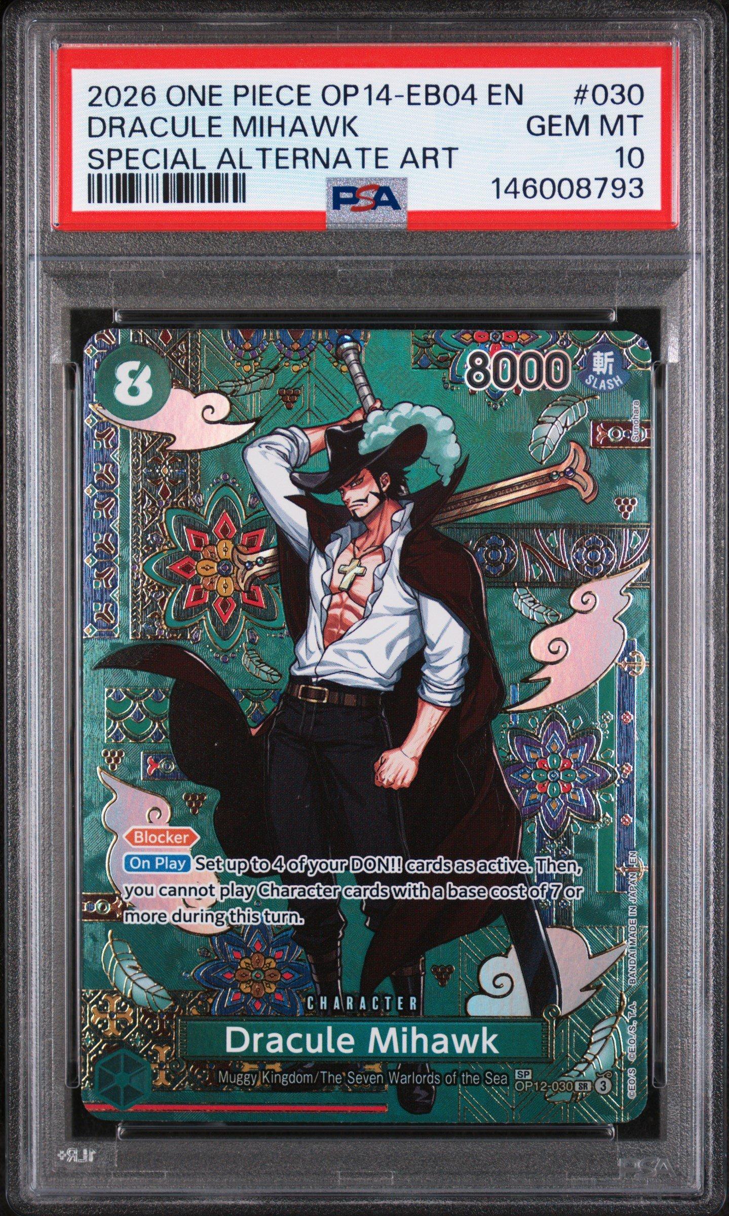 PSA10 MIHAWK SPECIAL ALTERNATE ART ミホーク 2026 One Piece Op14-eb04-the Azure Sea's Seven 030 Dracule Mihawk