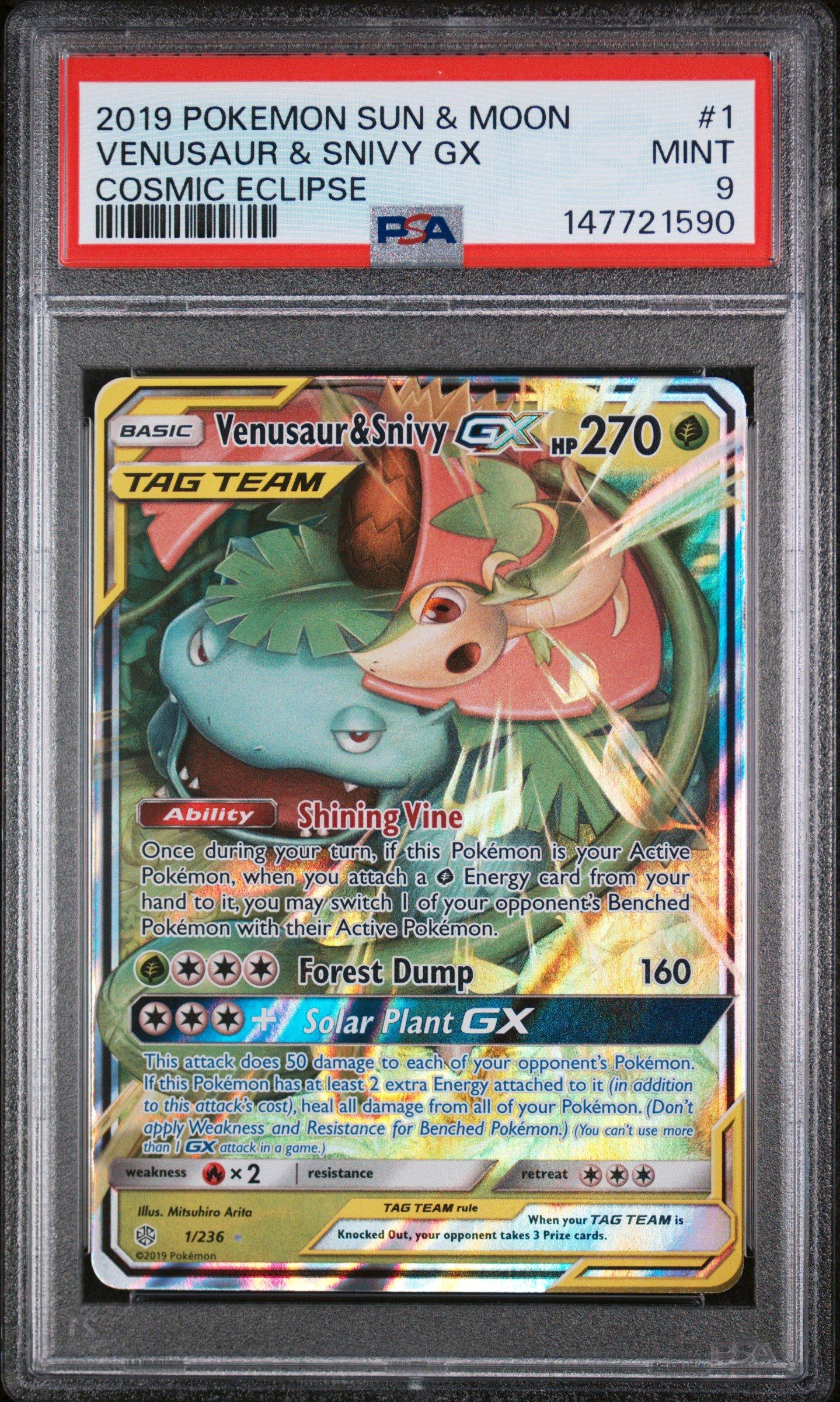 2019 Pokemon Sun & Moon Cosmic Eclipse 1 Venusaur & Snivy Gx PSA 9