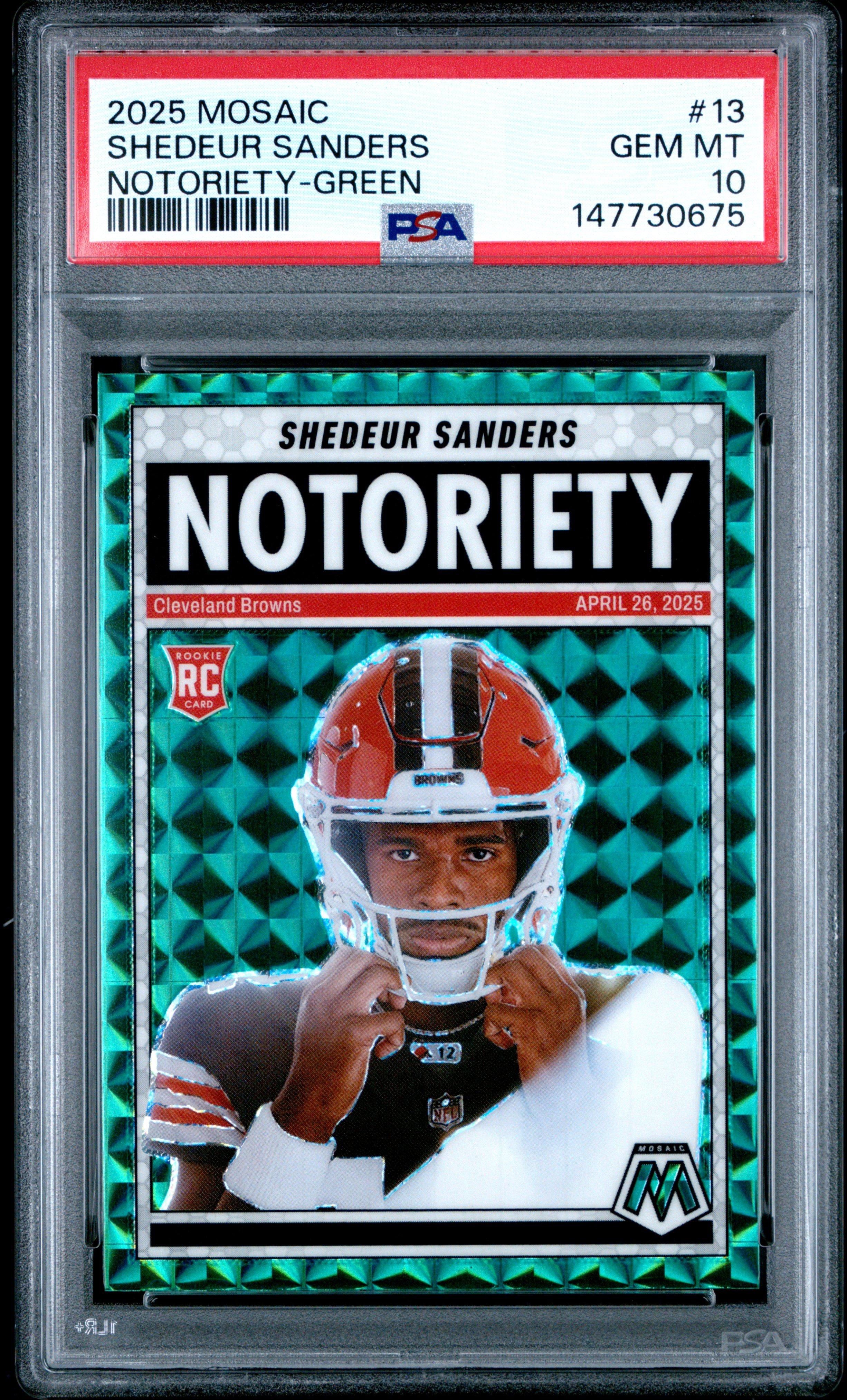 2025 Panini Mosaic Notoriety 13 Shedeur Sanders Green PSA 10