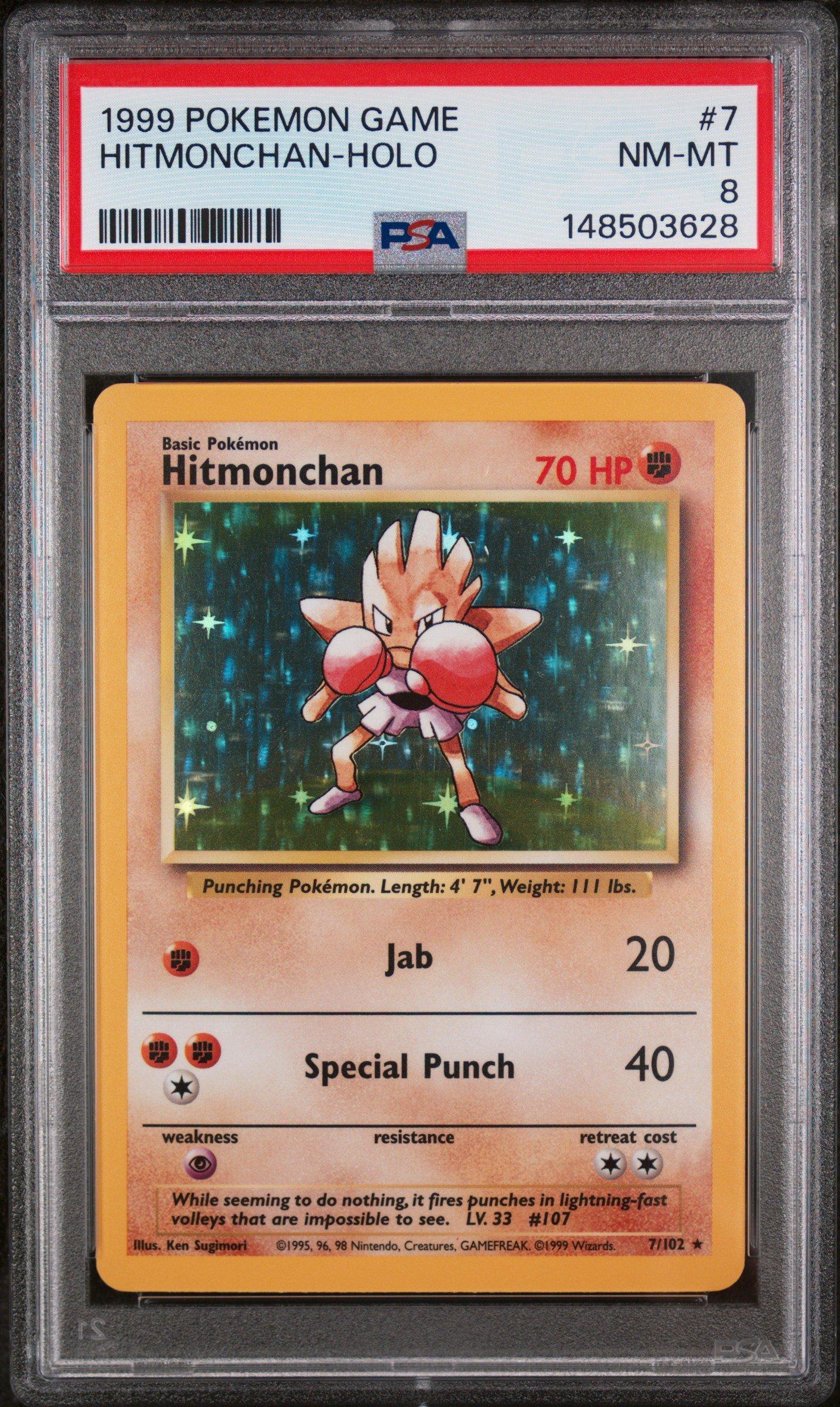 shiny hitmonchan pokemon card 1999 Game 7 Hitmonchan-holo PSA 8 Graded Preserved in a tamper Hitmonchan Pokemon card Holo/Shiny Nintendo