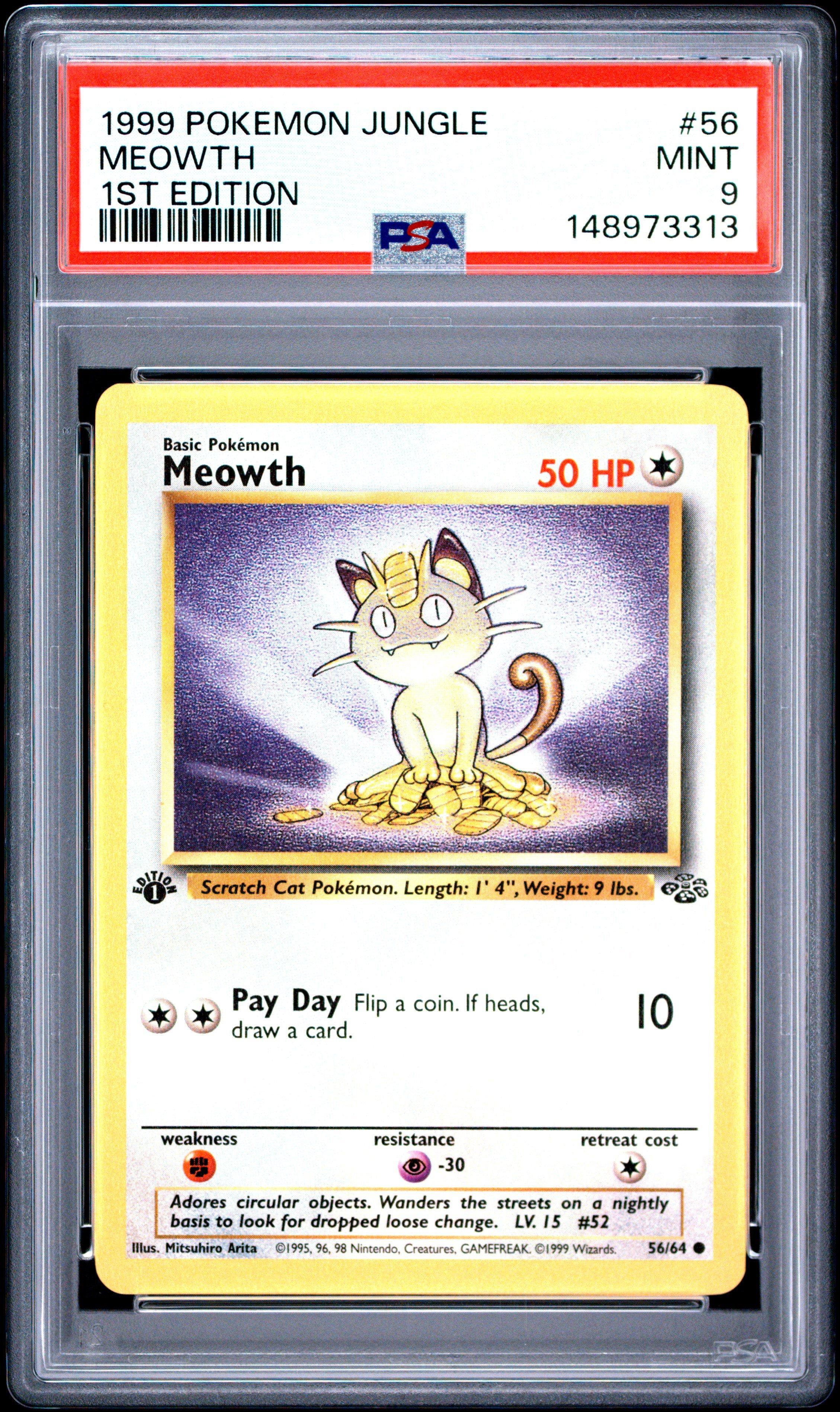 pokemon cards 1999 Original Trading Card Memorabilia  Gold & Silver Pawn Shop muscular depiction of Poliwrath captures the raw 1999 Pokemon Jungle 56 Meowth