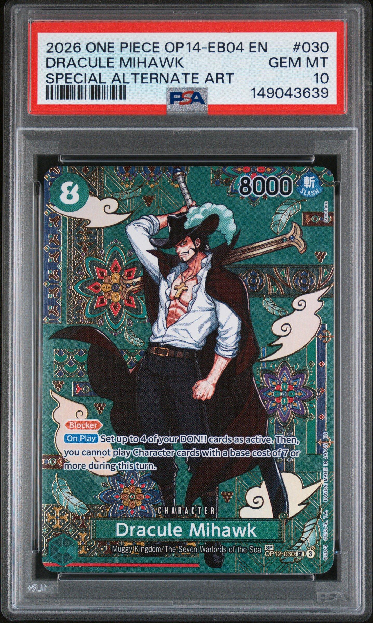 2026 One Piece Op14-eb04-the Azure Sea's Seven 030 Dracule Mihawk Special Alternate Art PSA 10