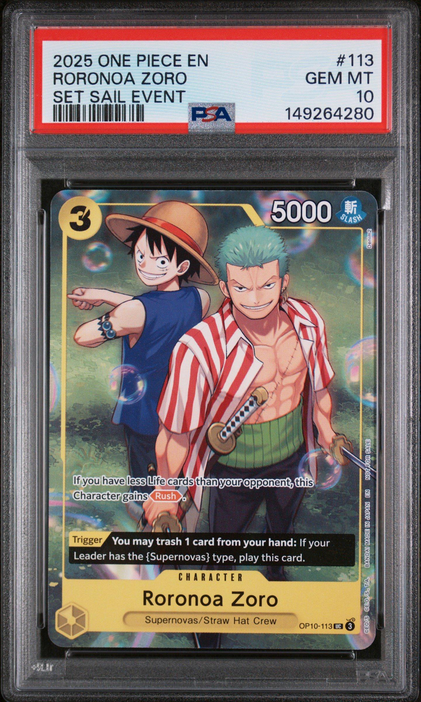 2025 One Piece Promos 113 Roronoa Zoro Set Sail Event PSA 10