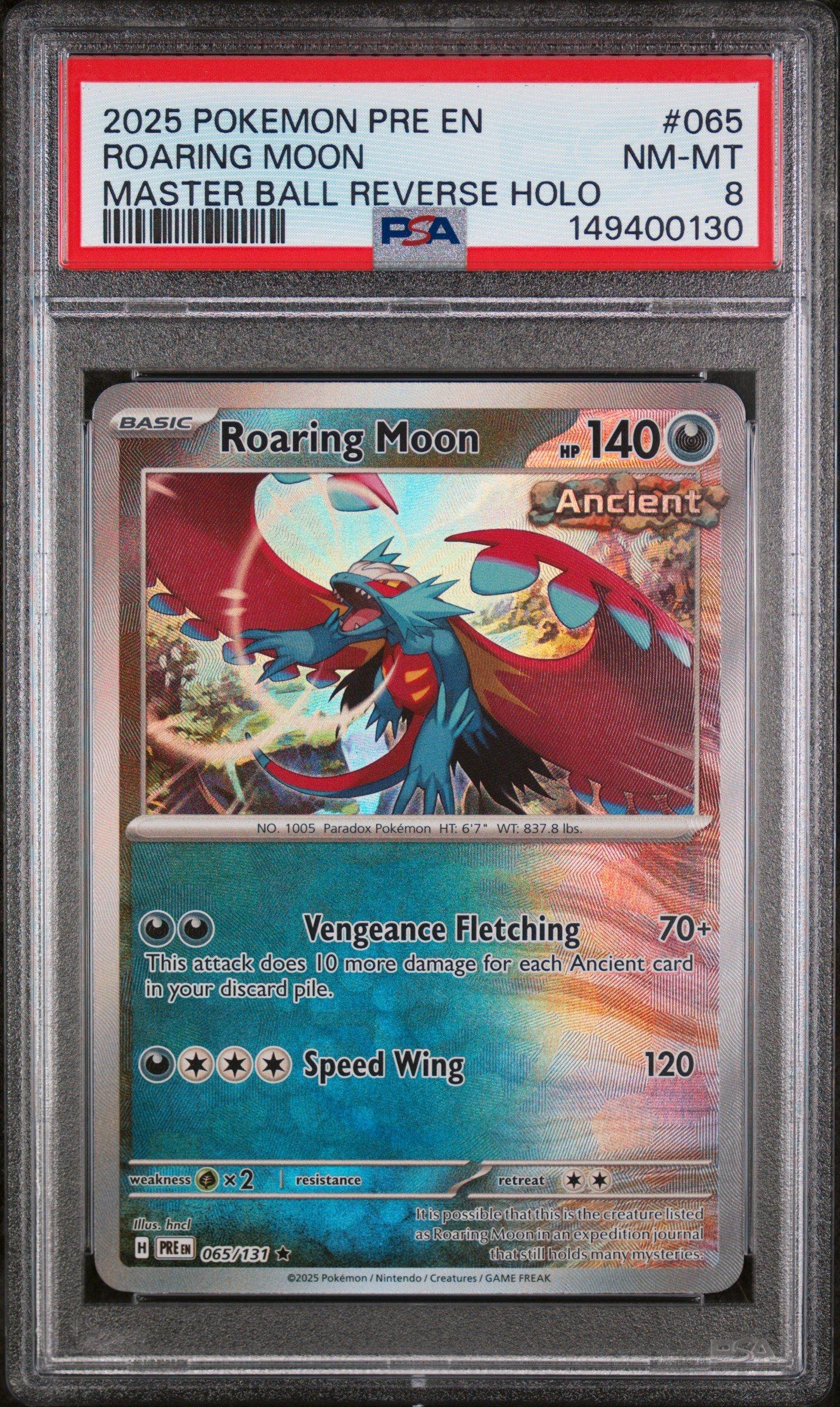 2025 Pokemon Pre En-prismatic Evolutions 065 Roaring Moon Master Ball  Reverse Holo PSA 8 Graded Card | GameStop