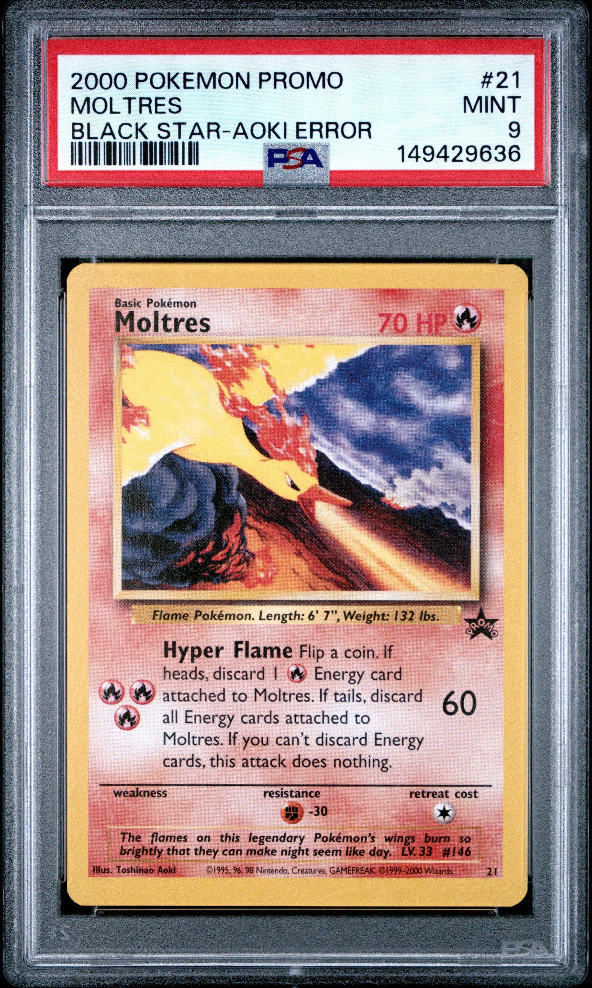 2000 Pokemon Promo Black Star 21 Moltres Toshinao Aoki Error PSA 9
