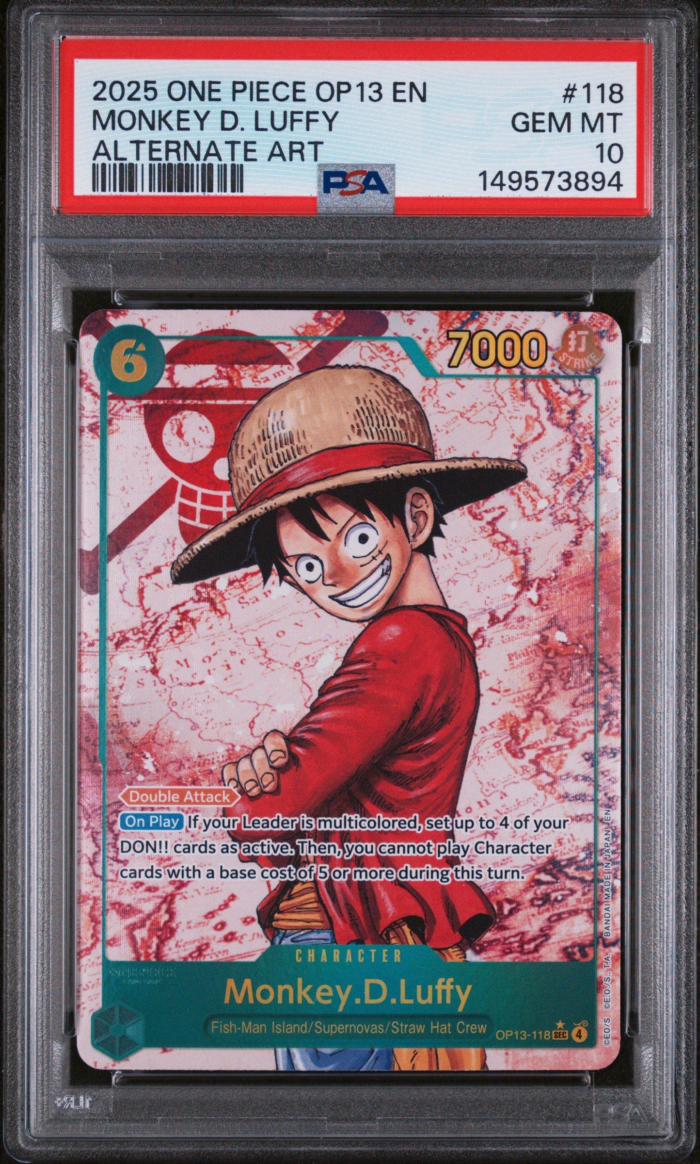 one piece yugioh cards Monkey D. Luffy 2025 Carrying On His Will Alternate Art #OP13-118 PSA Authenticated 10 Card cementing its place as a must TCG Card Guard- One Piece,