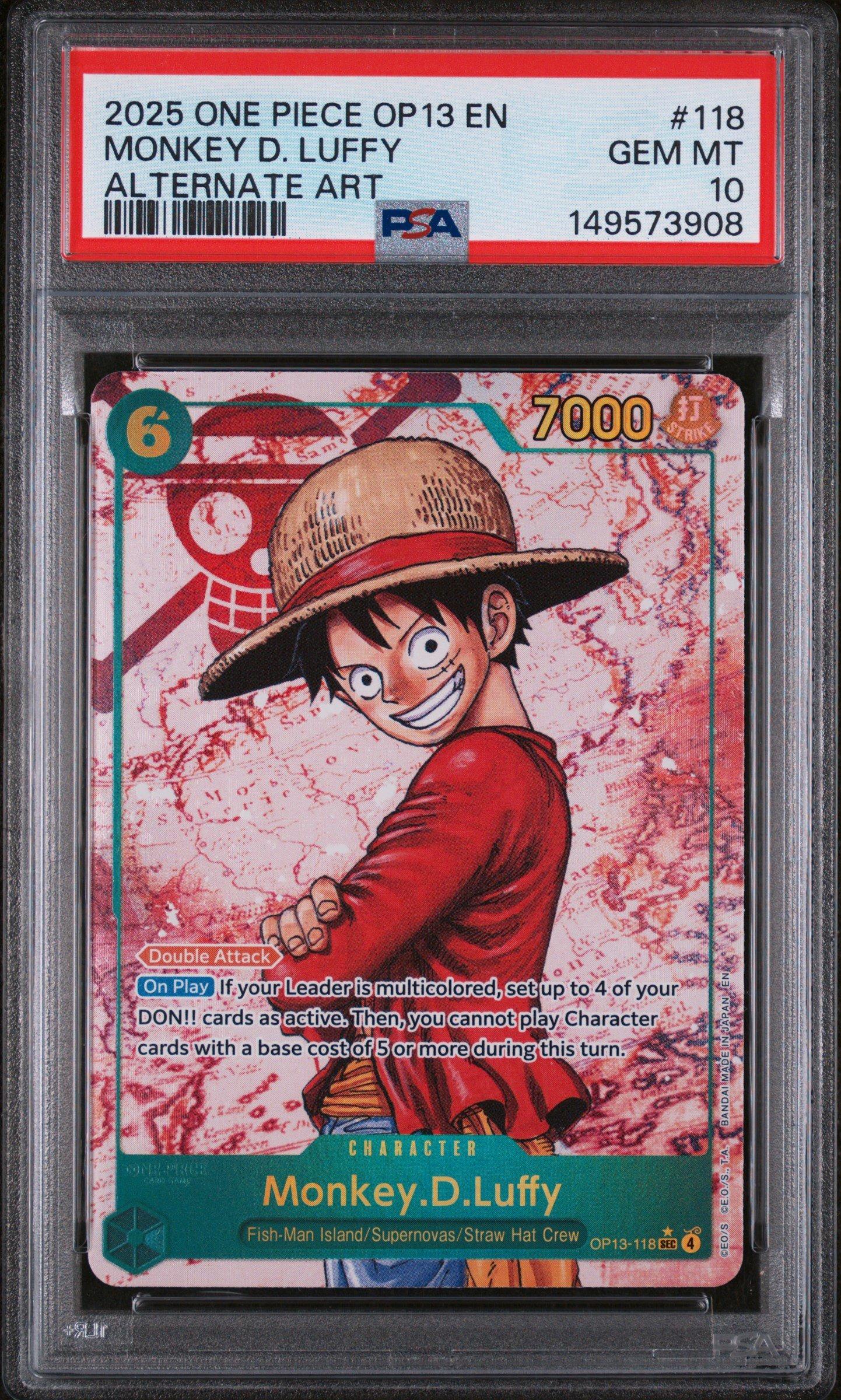ワンピース カードゲーム OP13 JP #118 MONKEY D. LUFFY PSA10 PSA 10 Luffy OP13-118 SEC Wanted SP Alt Art Carrying on His Will