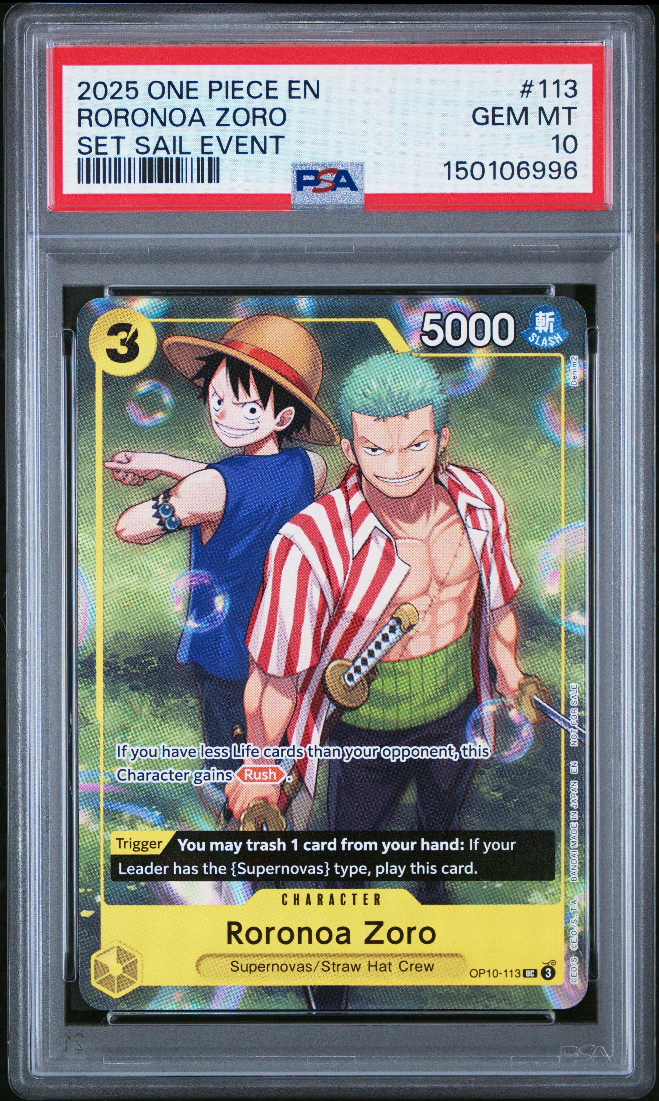 ドラゴンボールカード Psa10 2025 ONE PIECE Roronoa Zoro 2025 One Piece Promos 113 Roronoa Zoro Set Sail Event PSA 10