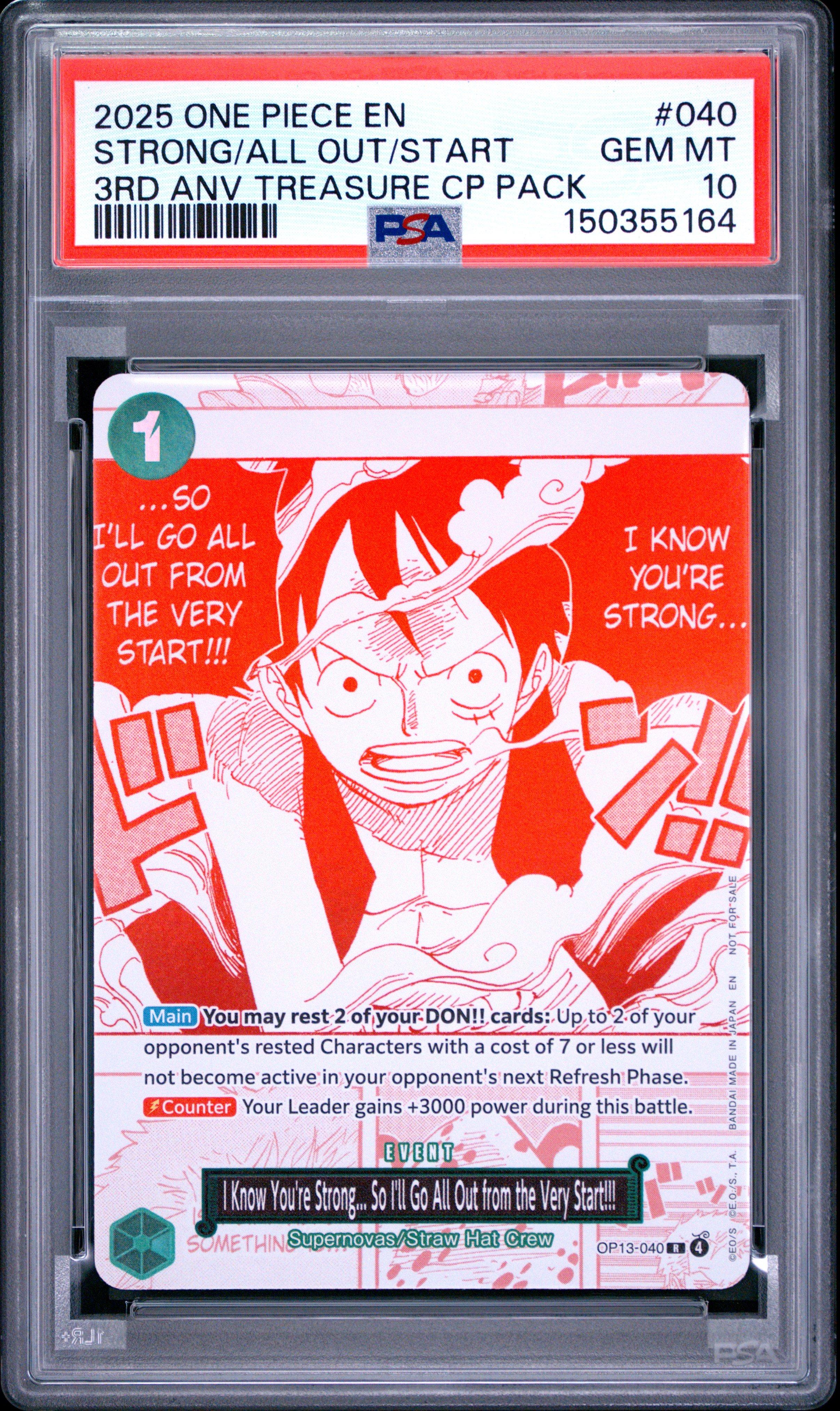 2025 One Piece 3rd Anniversary One Piece Card Treasure Campaign Pack 040 I Know Youre Strong.So Ill Go All Out From The Very Start PSA 10