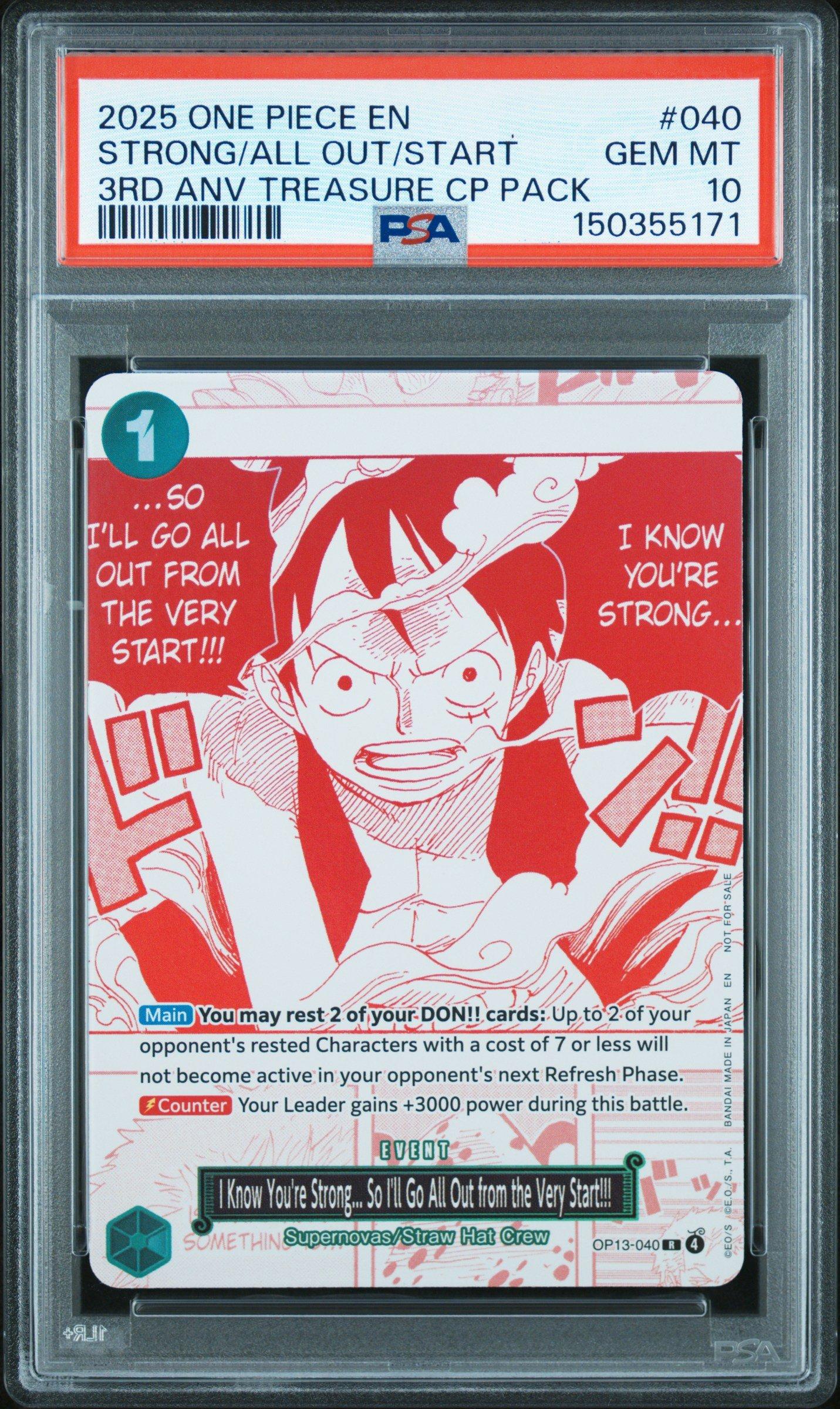 2025 One Piece 3rd Anniversary One Piece Card Treasure Campaign Pack 040 I Know Youre Strong.So Ill Go All Out From The Very Start PSA 10