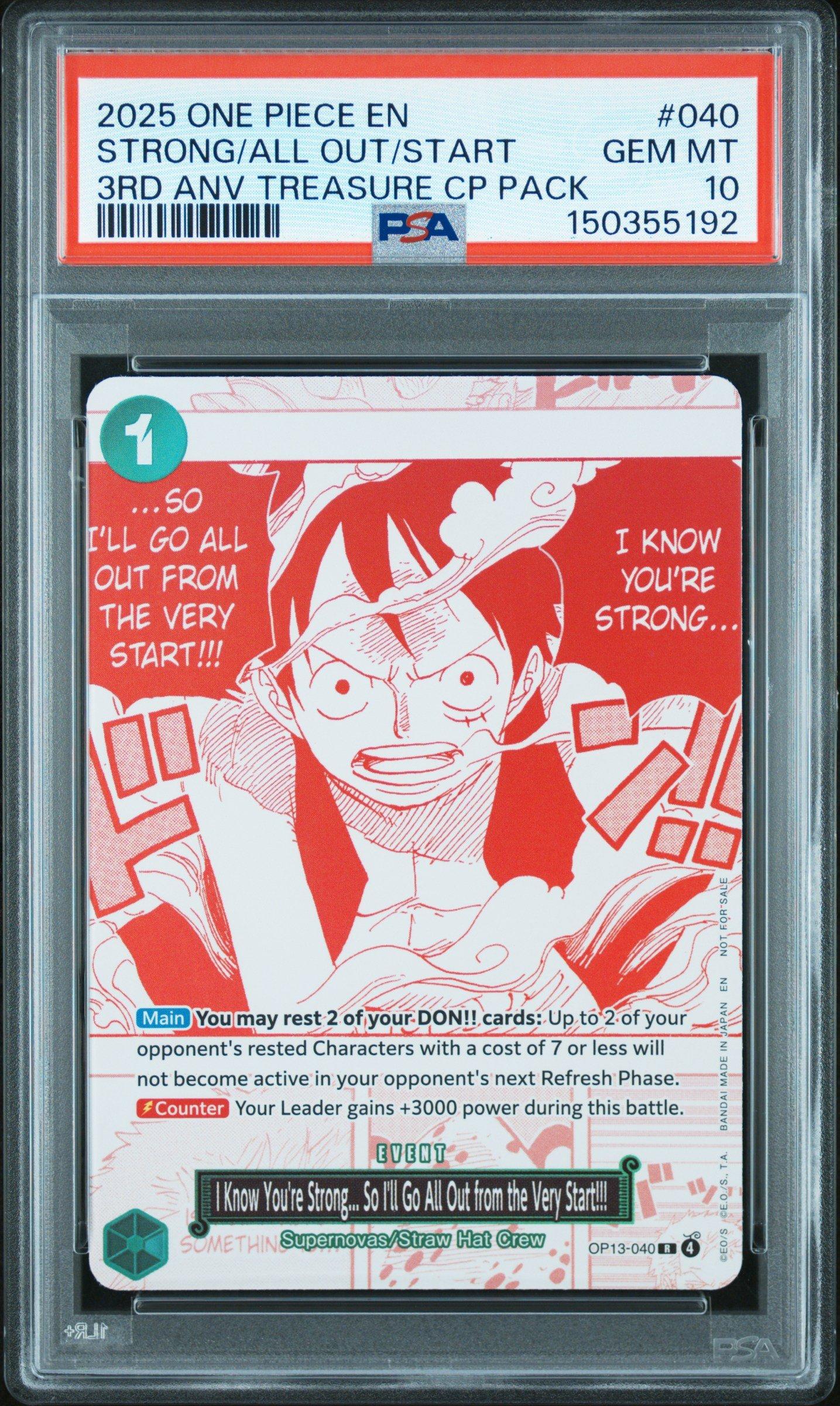 2025 One Piece 3rd Anniversary One Piece Card Treasure Campaign Pack 040 I Know Youre Strong.So Ill Go All Out From The Very Start PSA 10