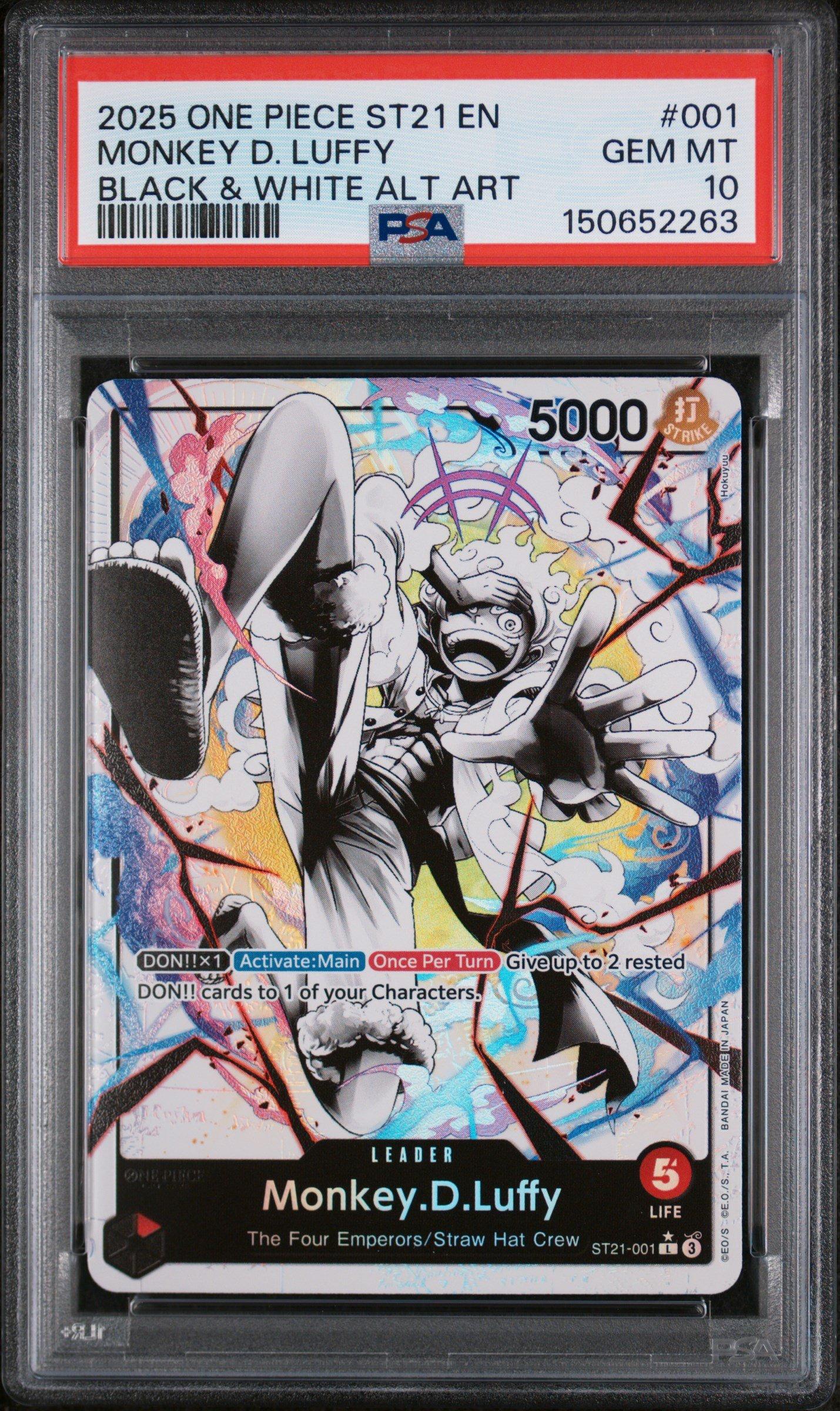 PSA10 モンキー・D・ルフィ ST21-001 白黒ONE PIECEカード 2025 One Piece Starter Deck St21-ex Gear 5 001 Monkey D. Luffy