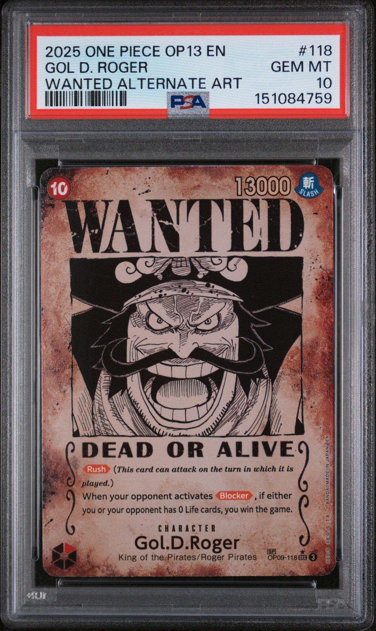 PSA10 ゴール・D・ロジャー OP13-118 SR パラレル ウォンテッド 2025 One Piece Op13-carrying On His Will 118 Gol D. Roger Wanted