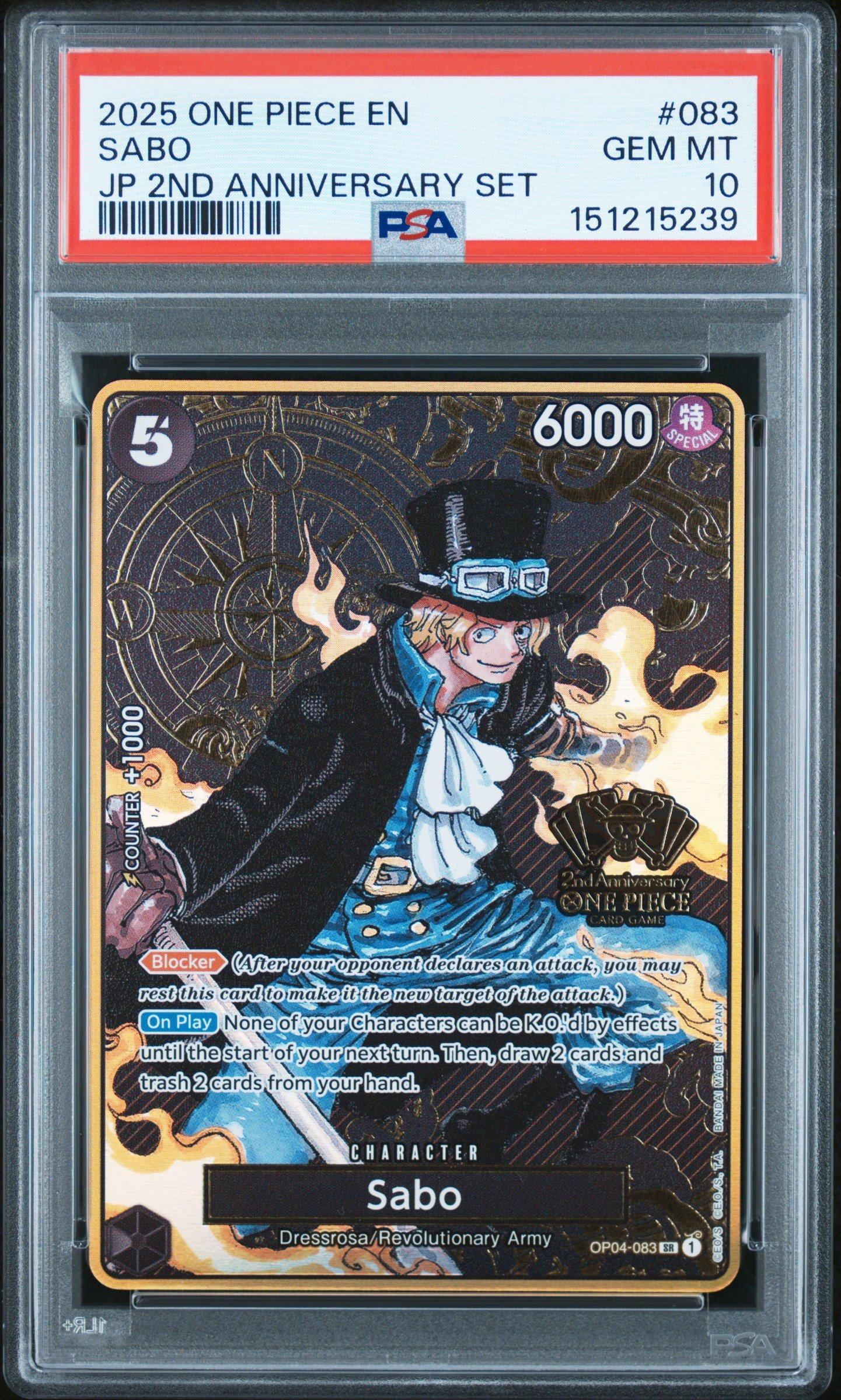 2025 One Piece Japanese 2nd Anniversary Set 083 Sabo PSA 10 Graded