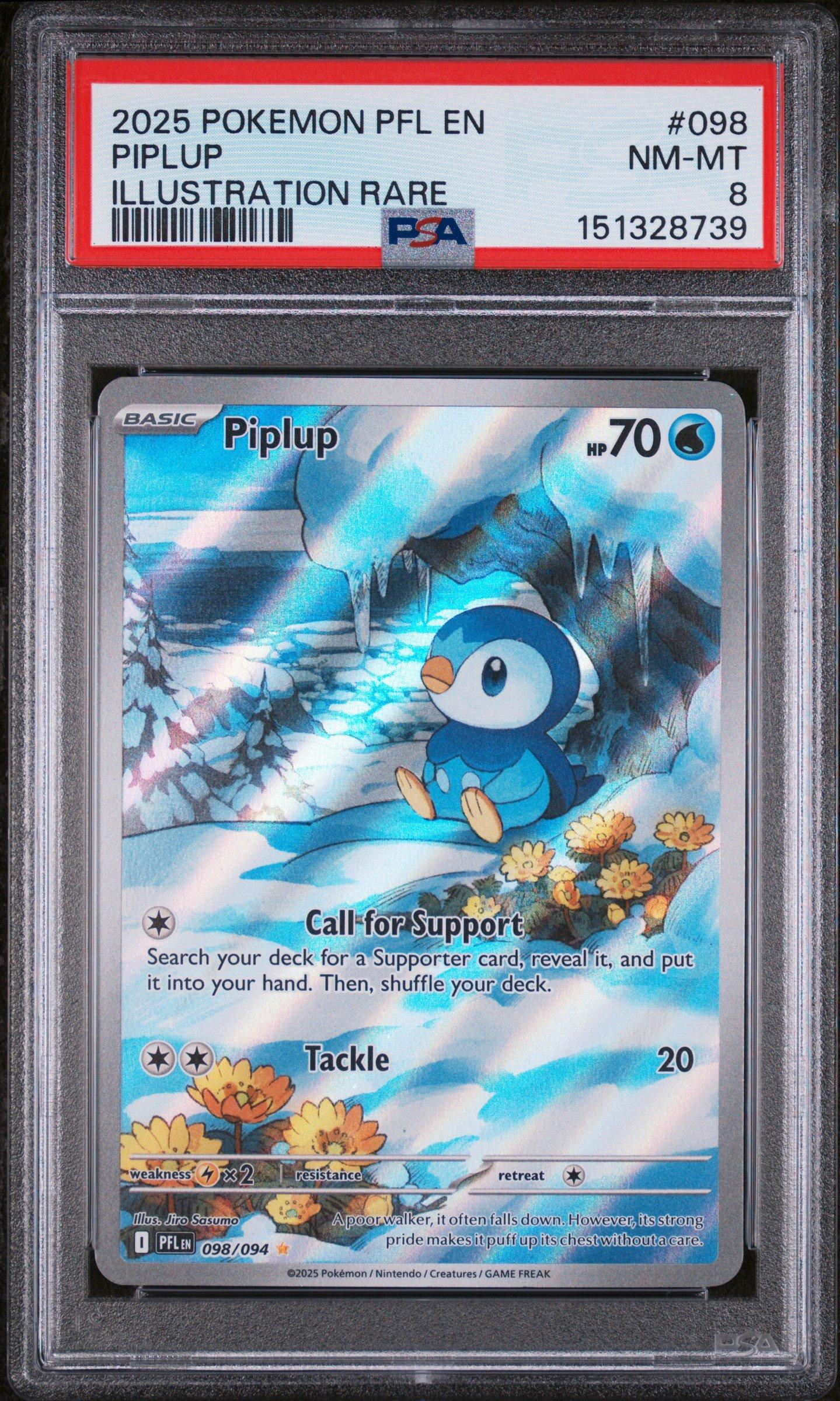 2025 Pokemon Pfl En-phantasmal Flames 098 Piplup Illustration Rare PSA 8