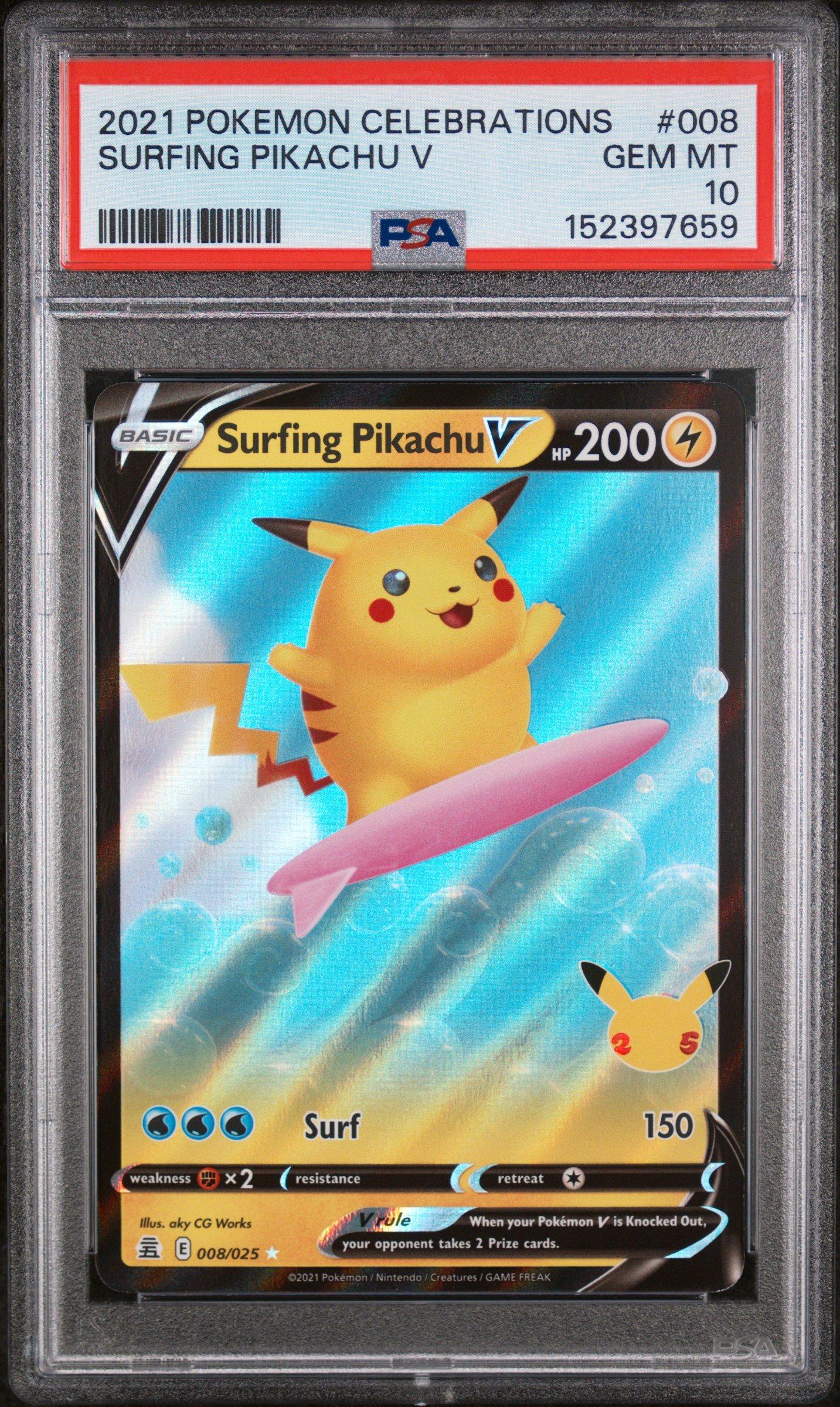 2021 Pokemon Celebrations 008 Surfing Pikachu V PSA 10 Graded Card