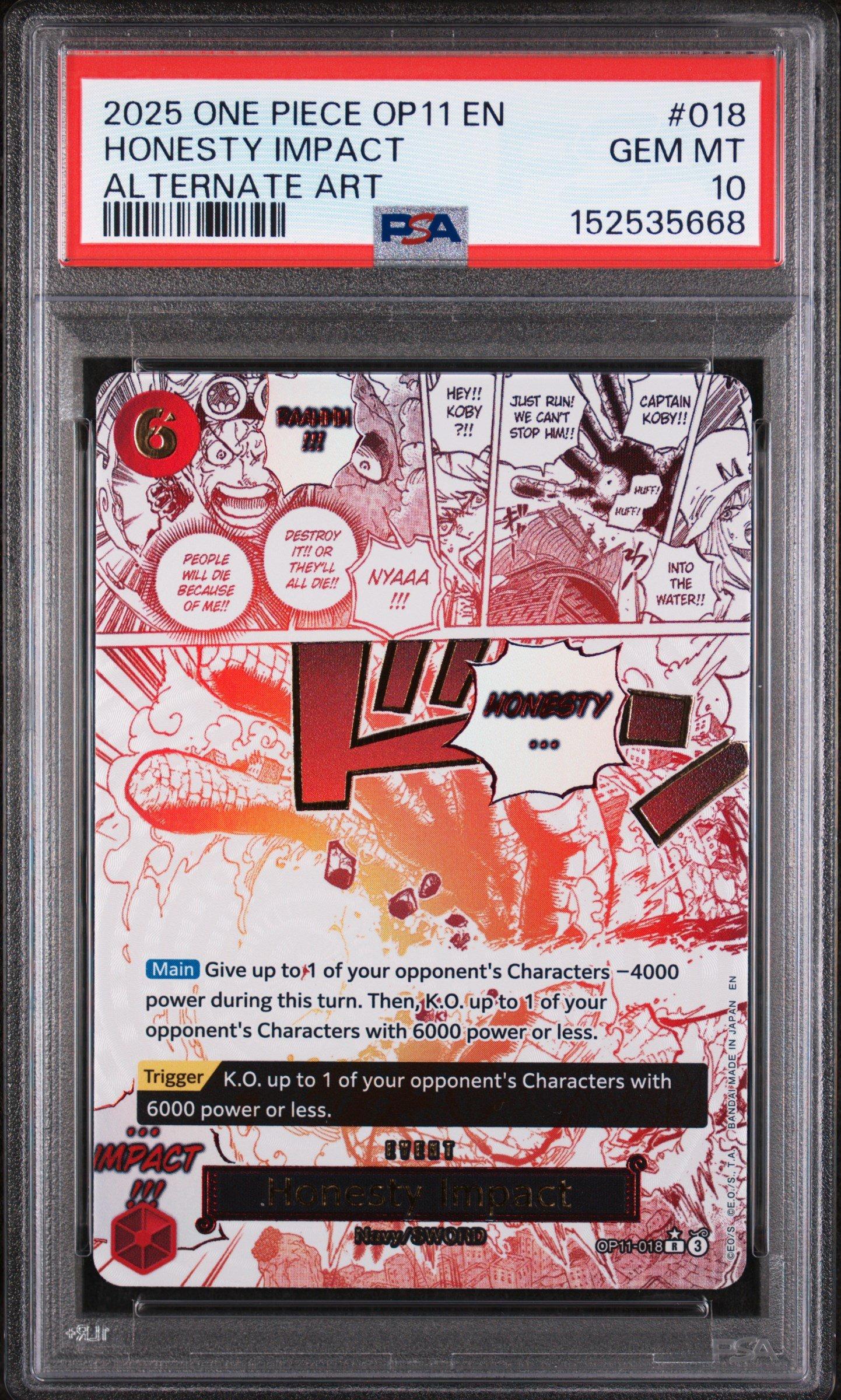 2025 One Piece Op11-a Fist Of Divine Speed 018 Honesty Impact Alternate Art PSA 10