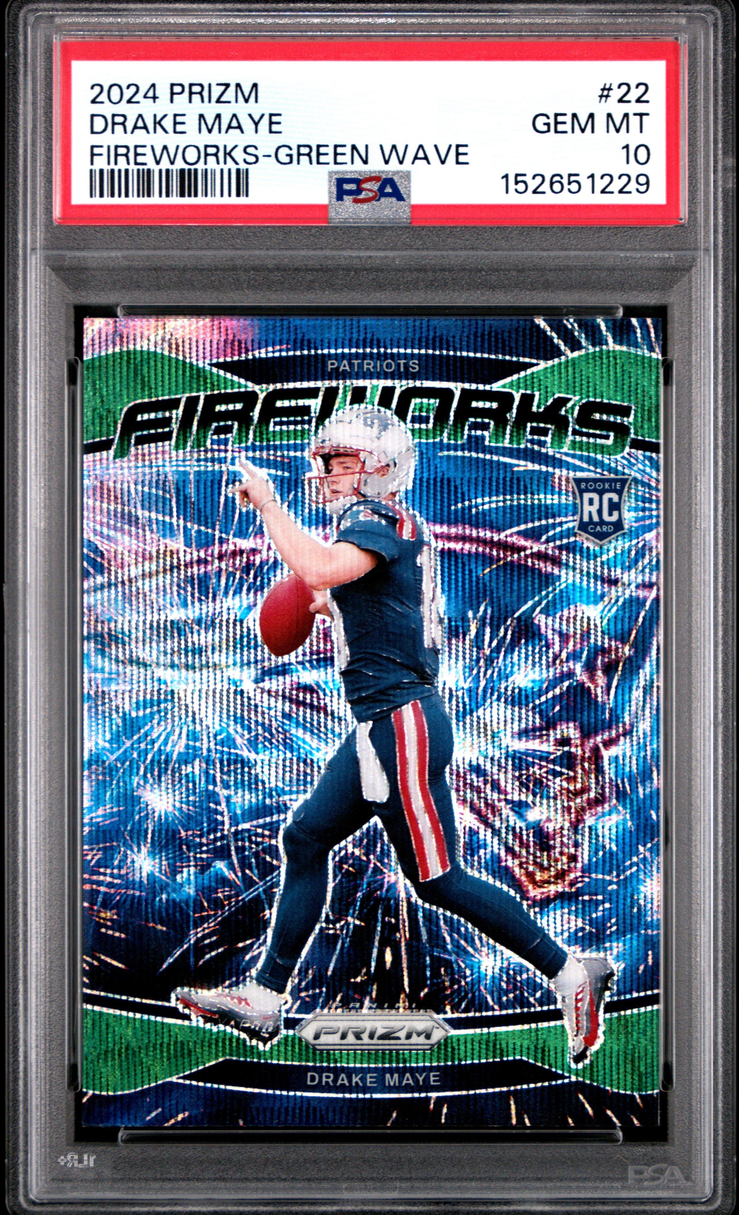 2024 Panini Prizm Fireworks 22 Drake Maye Green Wave PSA 10 Graded