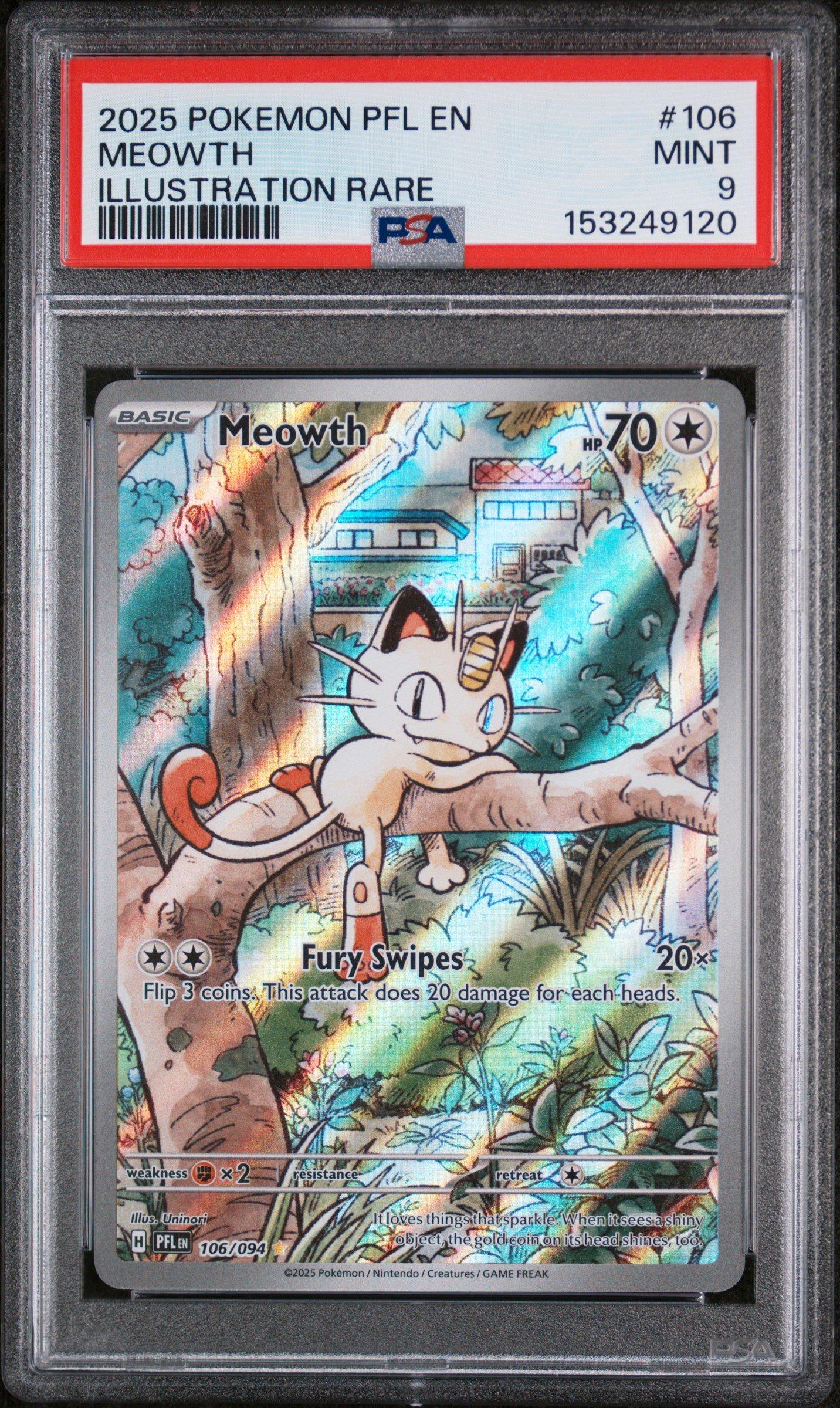 2025 Pokemon Pfl En-phantasmal Flames 106 Meowth Illustration Rare PSA 9