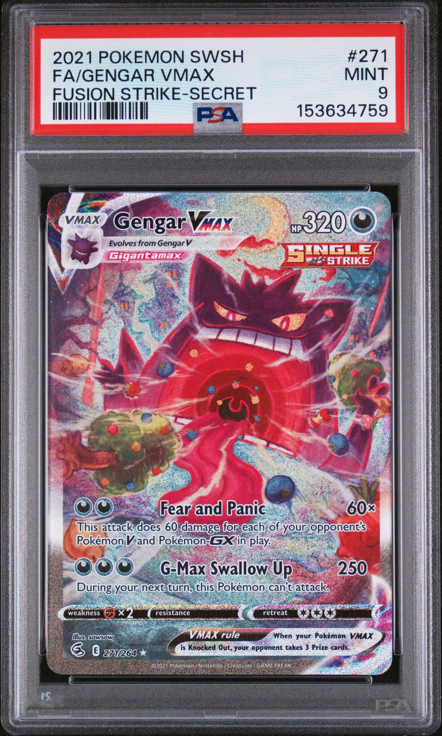 gmax gengar pokemon card 2021 Sword & Shield Fusion Strike 271 Full Art/gengar Vmax Secret PSA 9 Graded proof acrylic case and featuring a striking image of the captivating character Gengar VMAX Alternate Art |