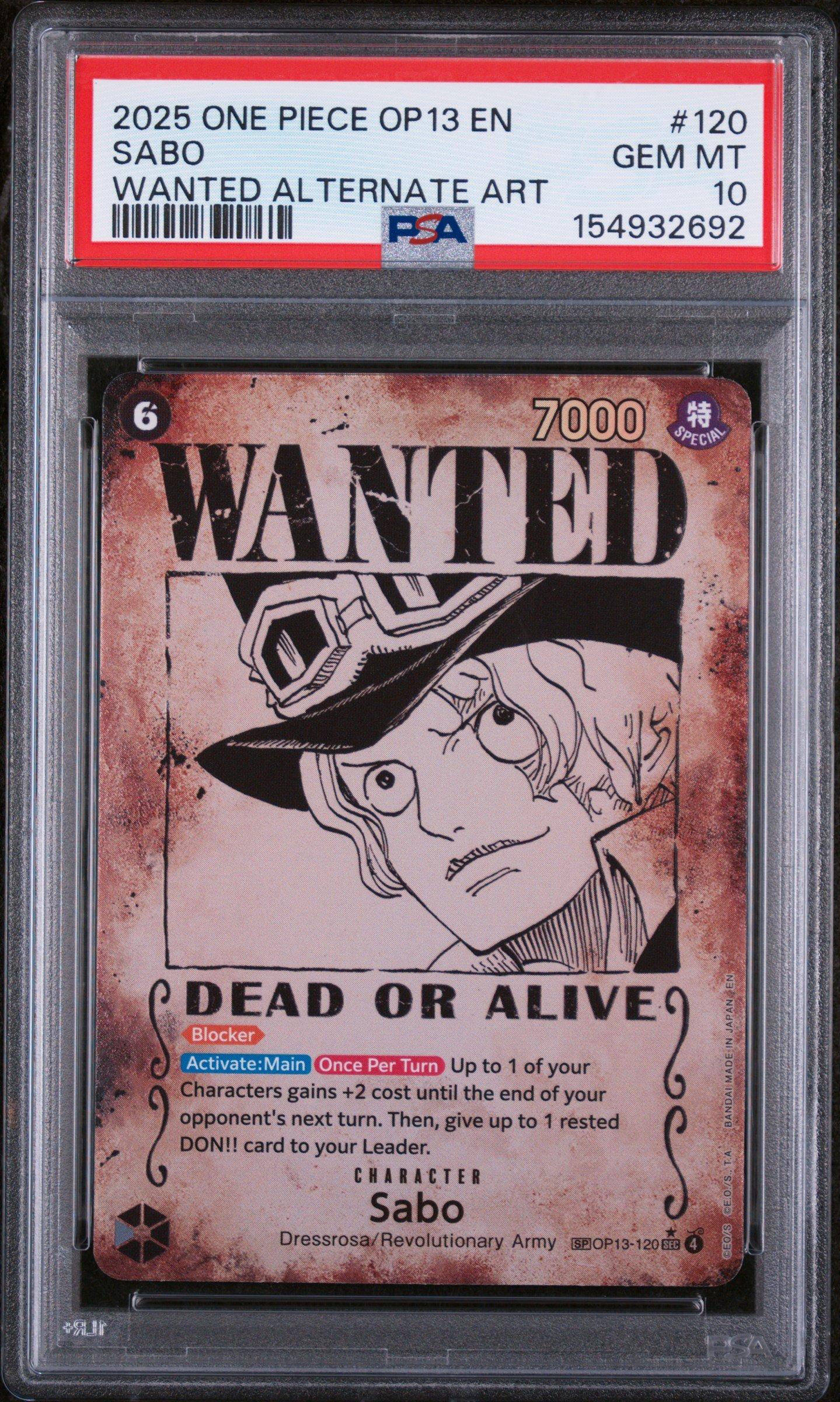 2025 ONE PIECE JP サボ #120 PSA10 2025 One Piece Op13-carrying On His Will 120 Sabo Wanted Alternate