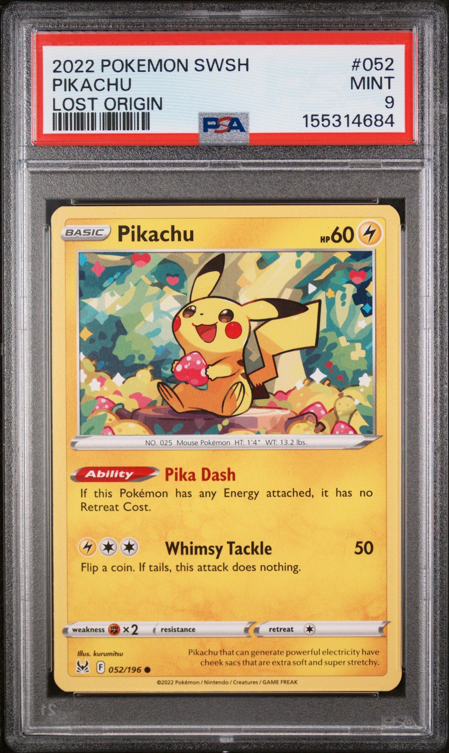 2022 Pokemon Sword & Shield Lost Origin 052 Pikachu PSA 9 Graded
